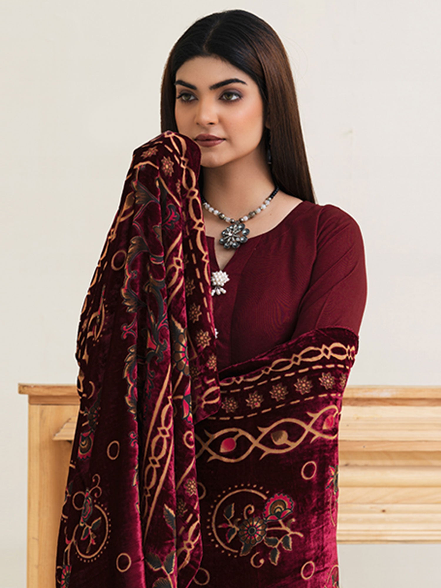 Rangz Maroon Winter Dhanak Suit with Plachi Shawl