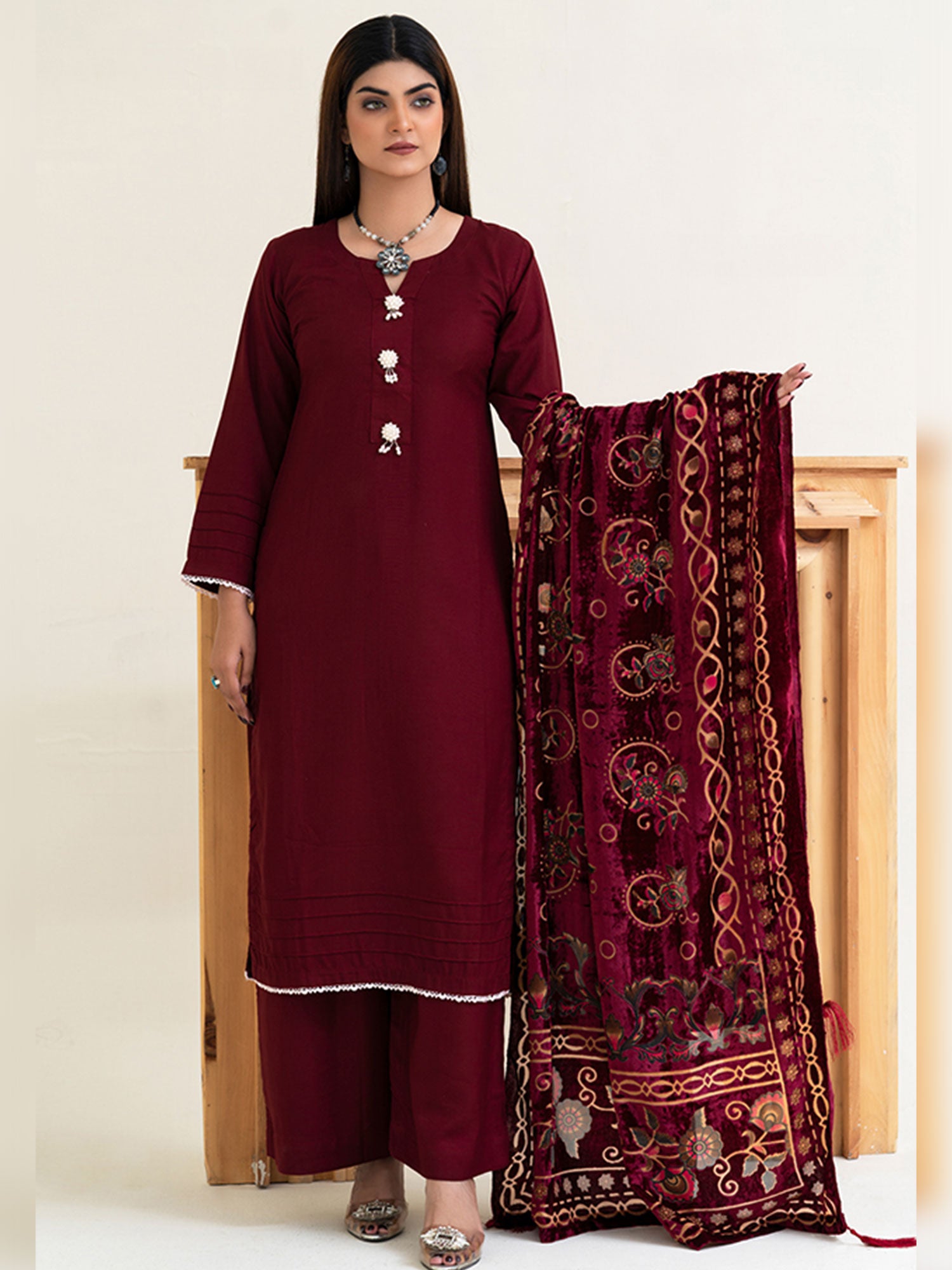 Rangz Maroon Winter Dhanak Suit with Plachi Shawl