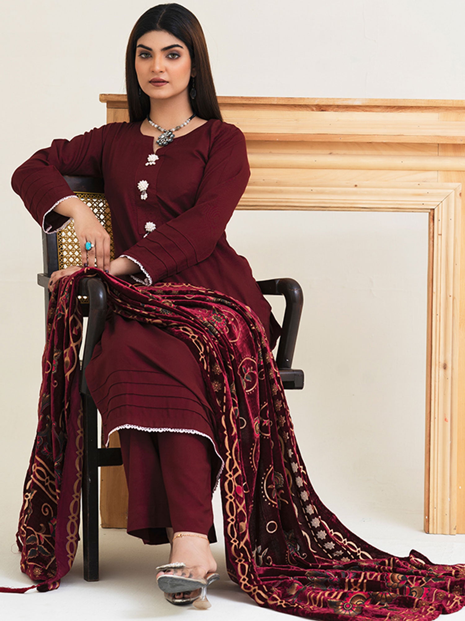 Rangz Maroon Winter Dhanak Suit with Plachi Shawl