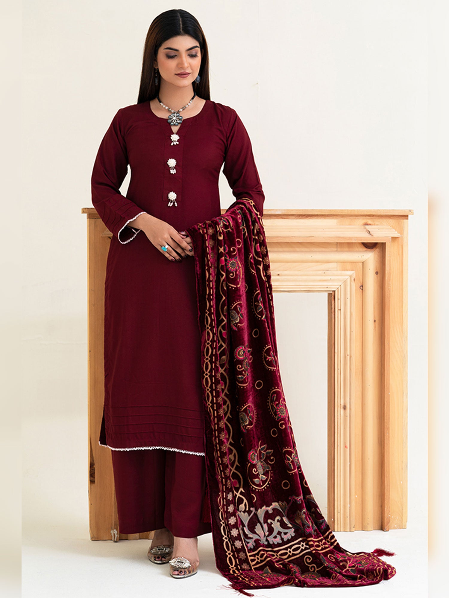 Rangz Maroon Winter Dhanak Suit with Plachi Shawl