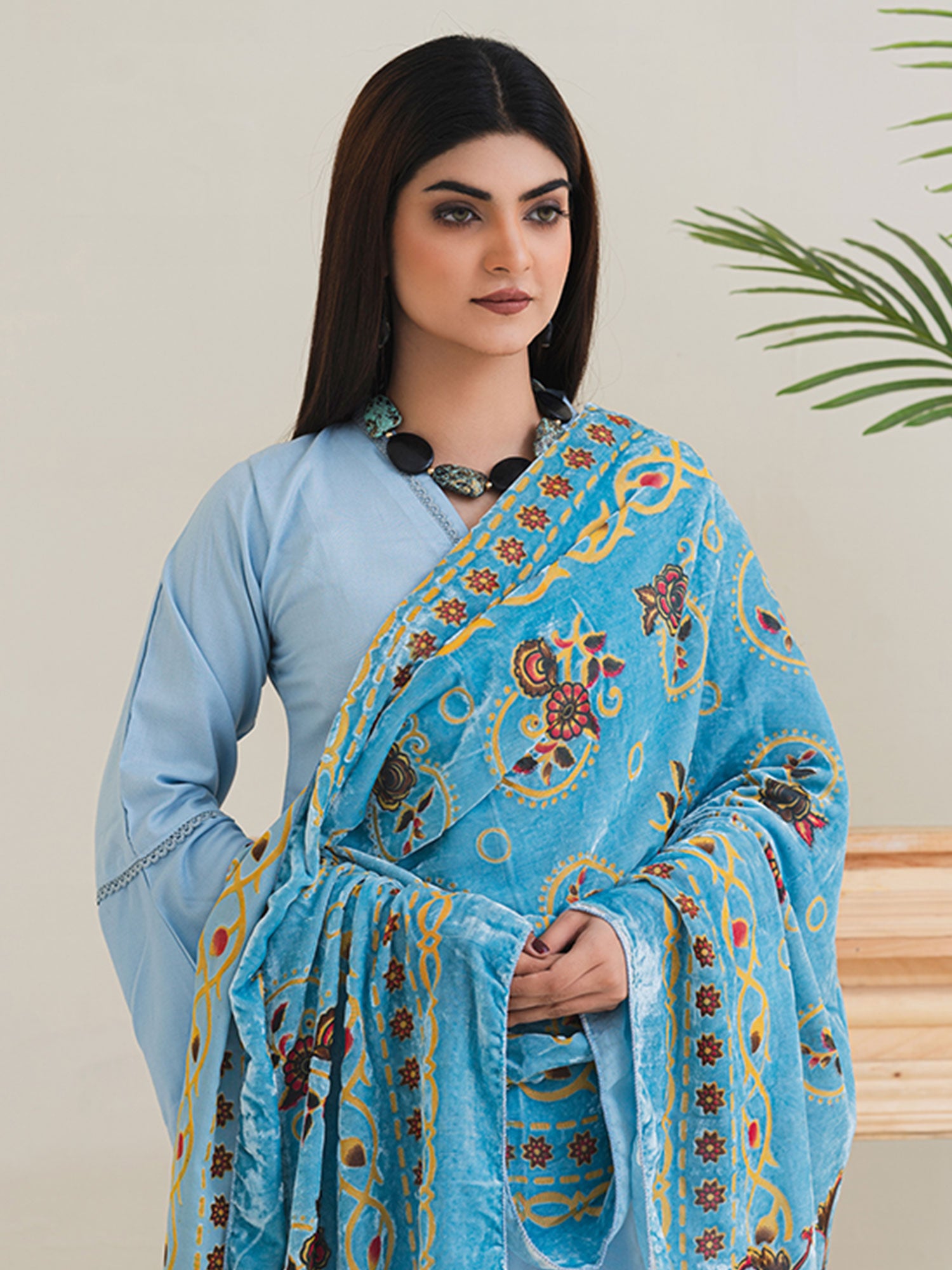 Rangz Light Blue Winter Dhanak Suit with Plachi Shawl