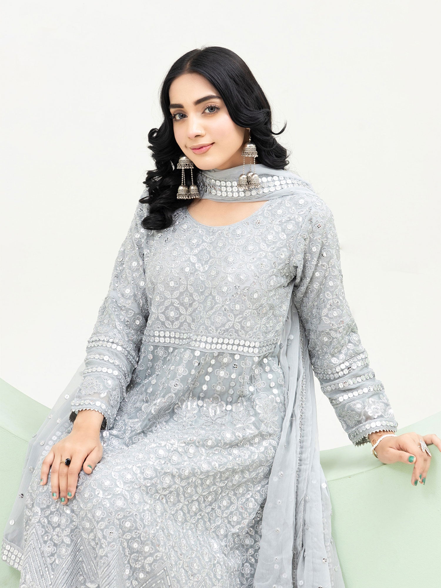 Rangz Grey Luxury Chiffon Embroidered 3-Piece Maxi Suit