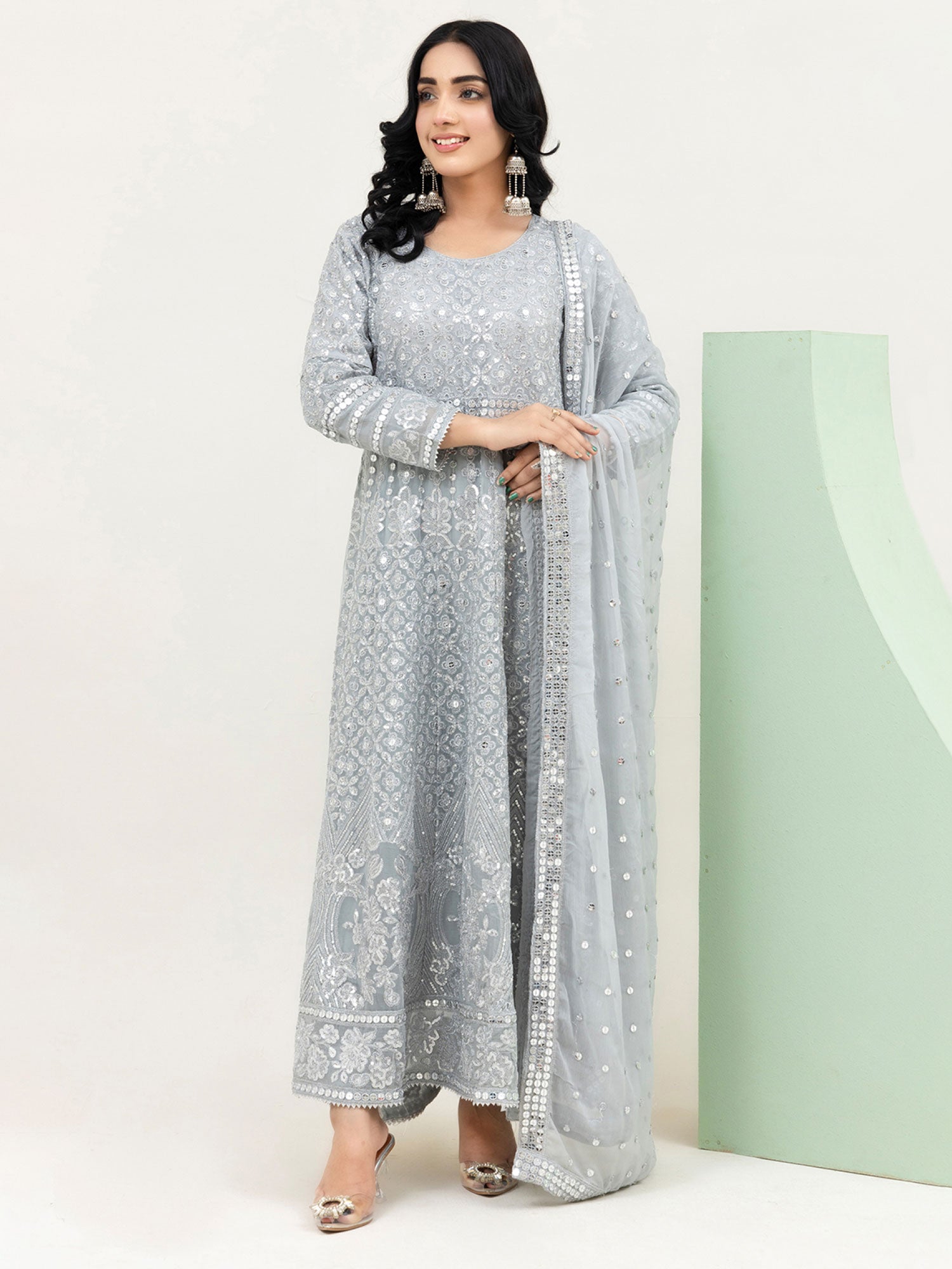 Rangz Grey Luxury Chiffon Embroidered 3-Piece Maxi Suit