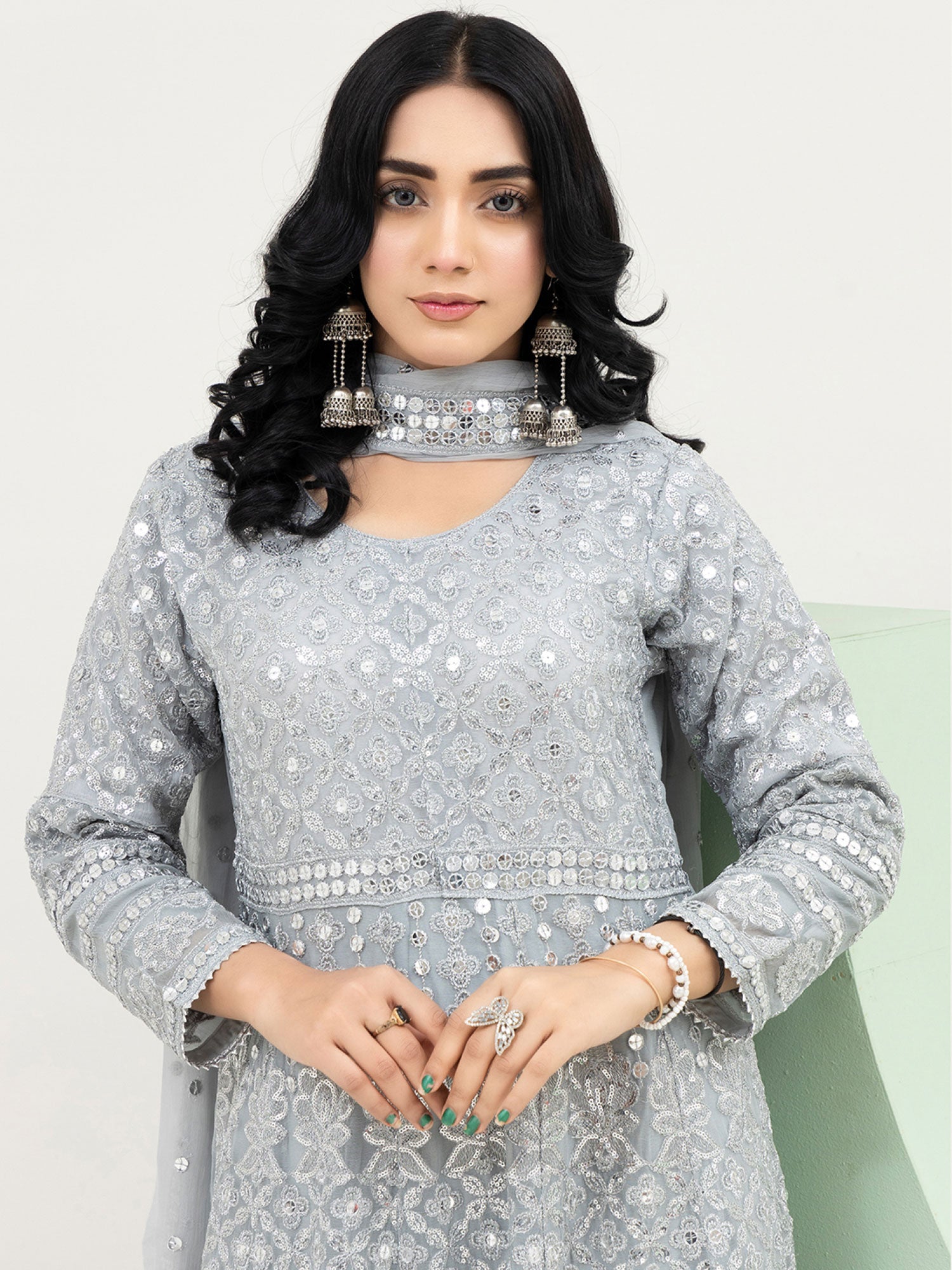 Rangz Grey Luxury Chiffon Embroidered 3-Piece Maxi Suit