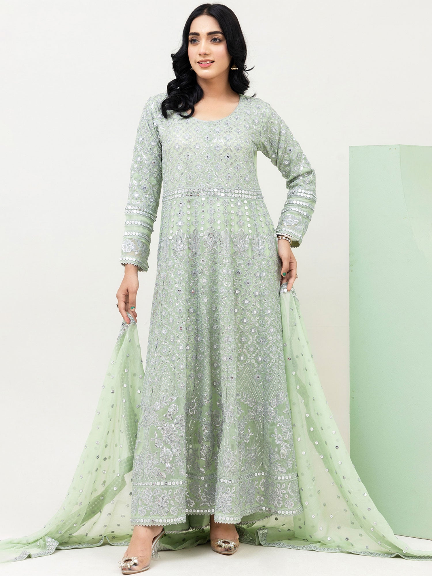 Rangz Light Green Luxury Chiffon Embroidered 3-Piece Maxi Suit