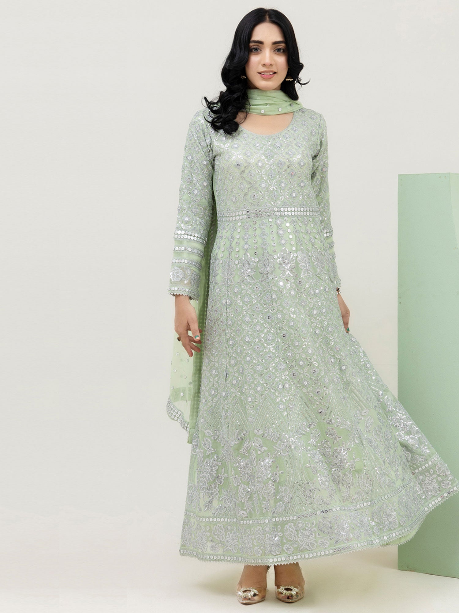 Rangz Light Green Luxury Chiffon Embroidered 3-Piece Maxi Suit