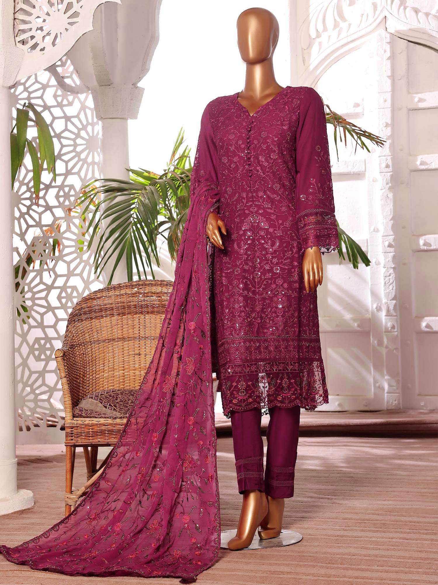 Sadabahar "Afsanay" Luxury Chiffon Suit - Magenta