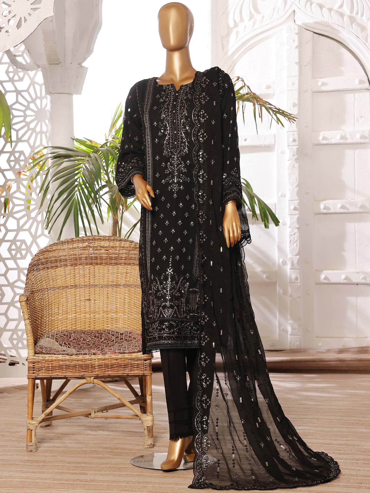 Sadabahar Afsanay Luxury Chiffon Suit Black MOMINA Designer Outfit Collection