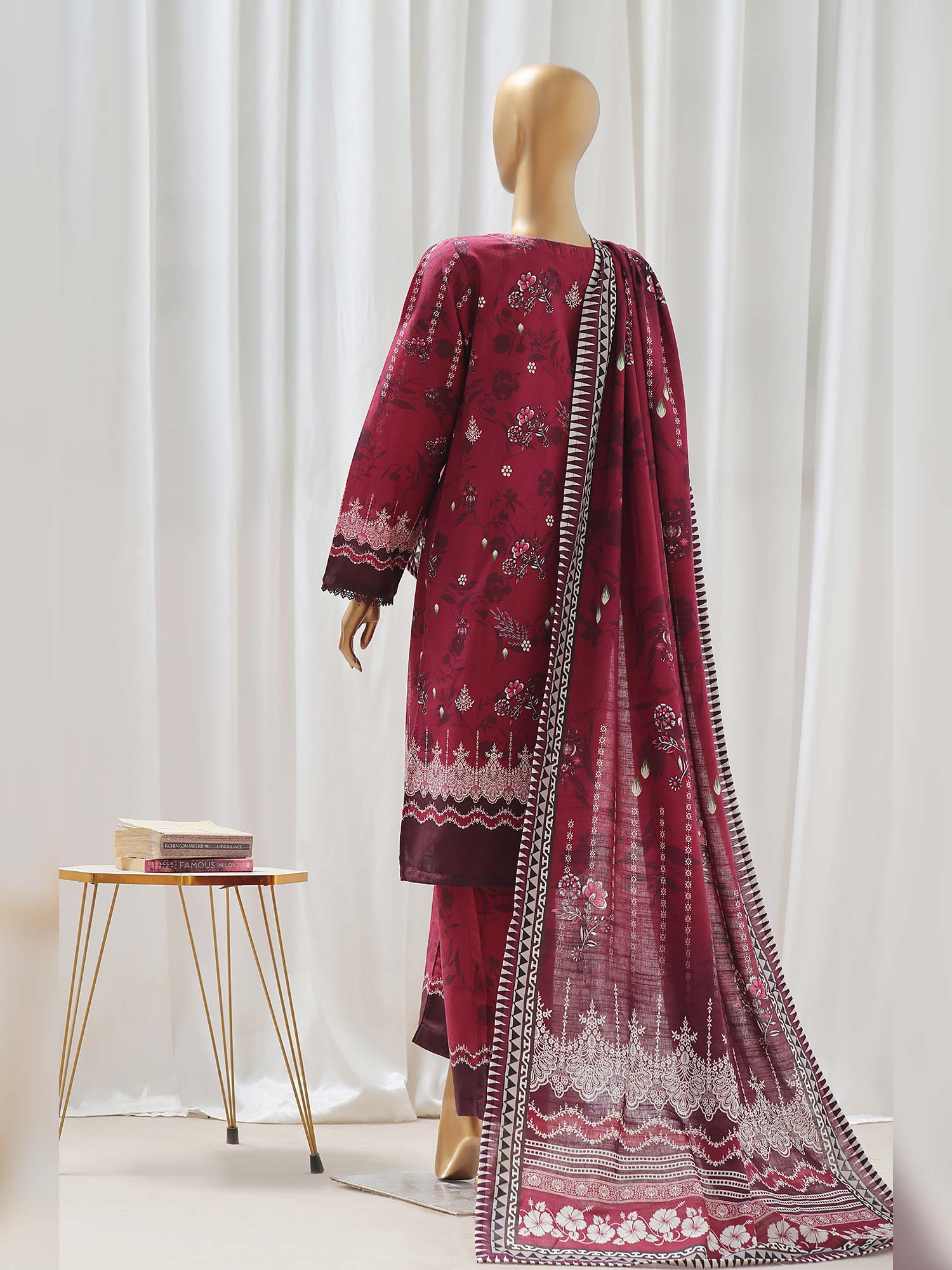 Sadabahar Printed Winter Khaddar 3-Piece Suit - Dark Fuchsia