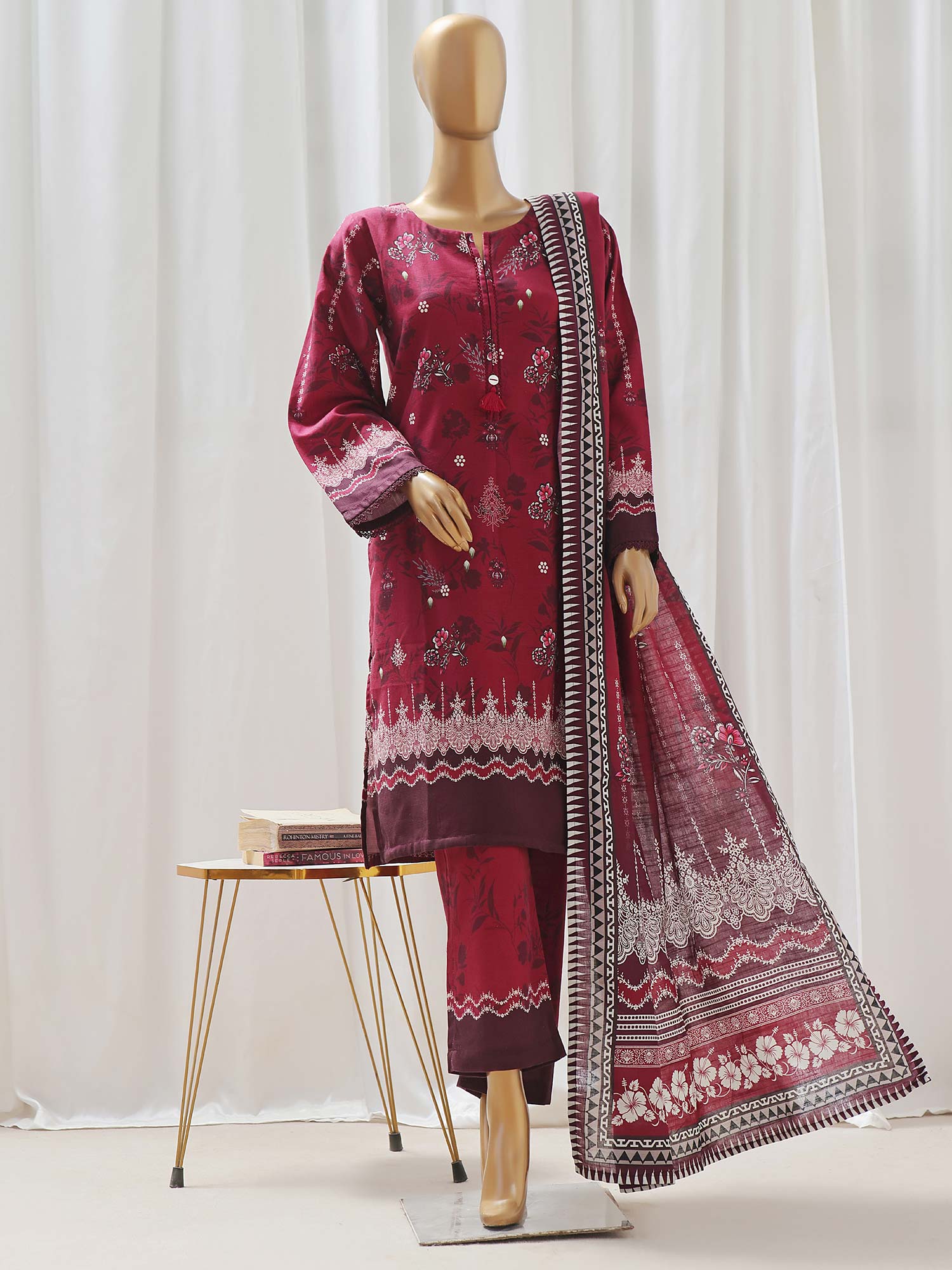 Sadabahar Printed Winter Khaddar 3-Piece Suit - Dark Fuchsia