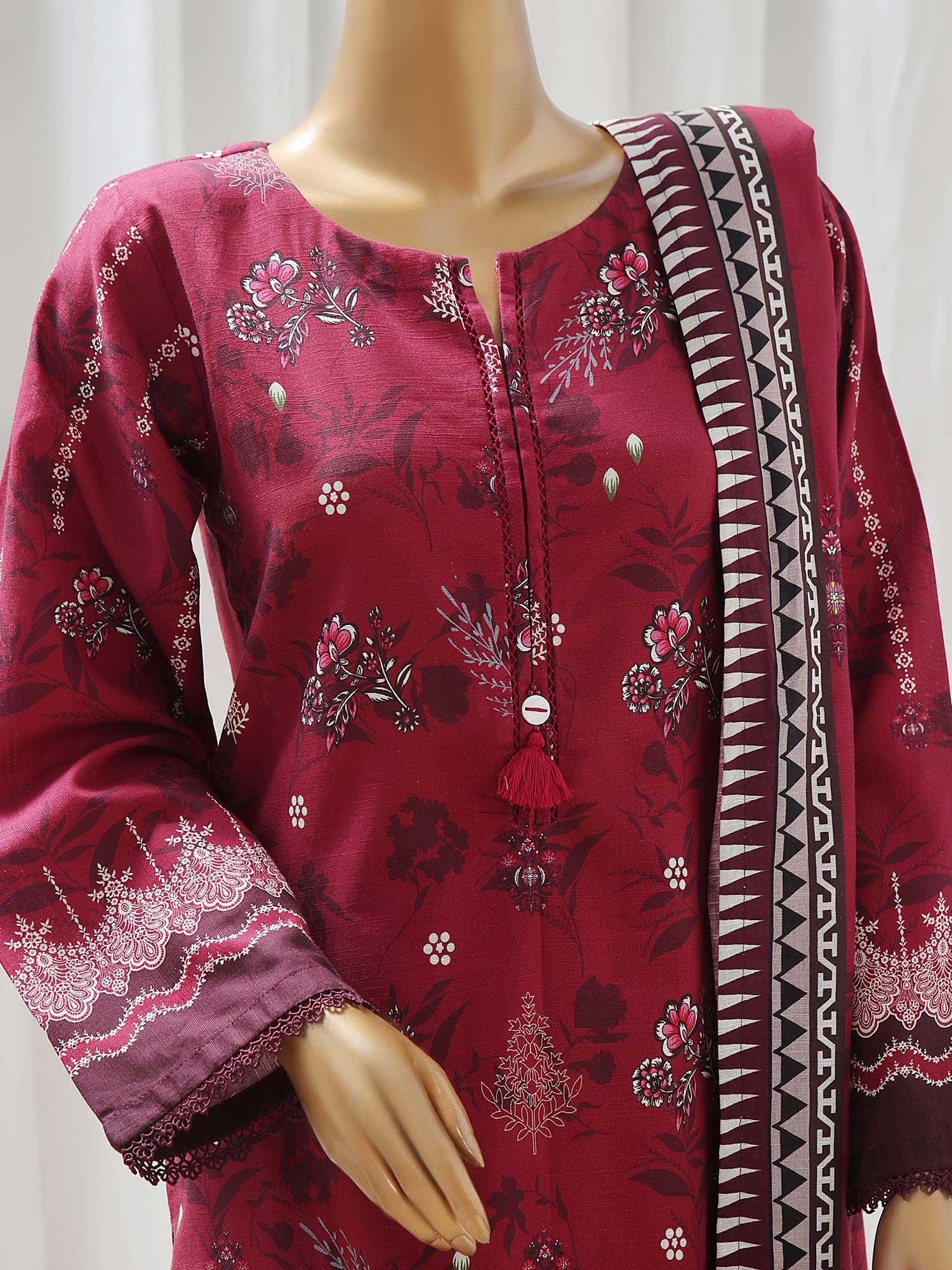 Sadabahar Printed Winter Khaddar 3-Piece Suit - Dark Fuchsia