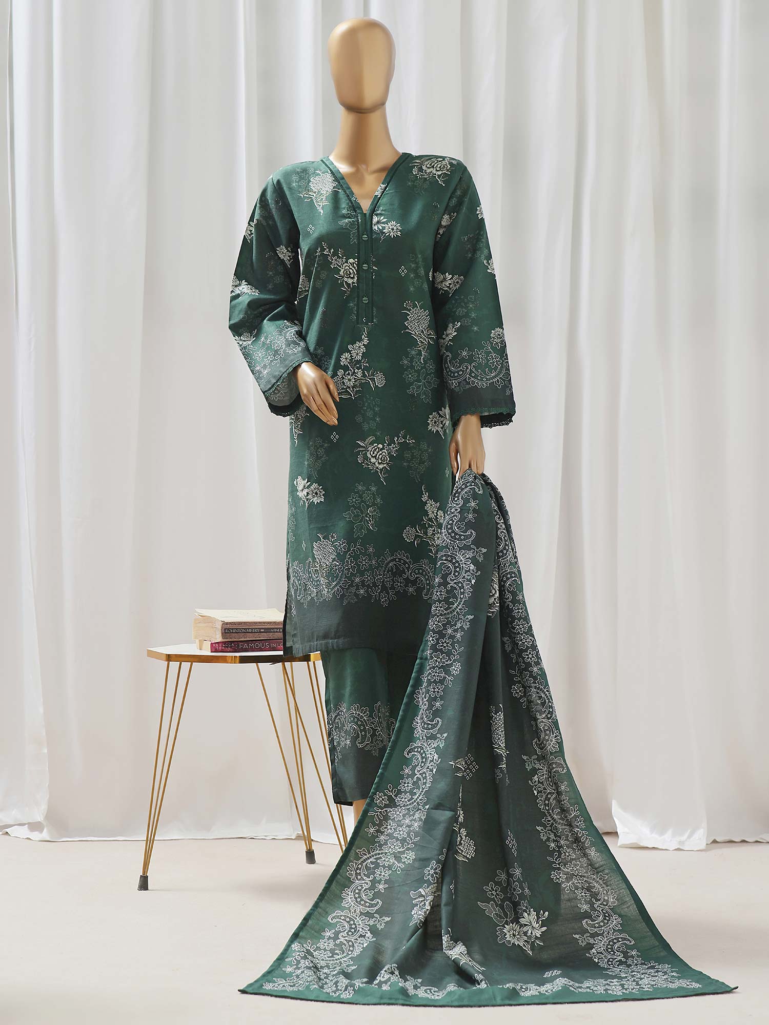 Sadabahar Printed Winter Khaddar 3-Piece Suit - Green