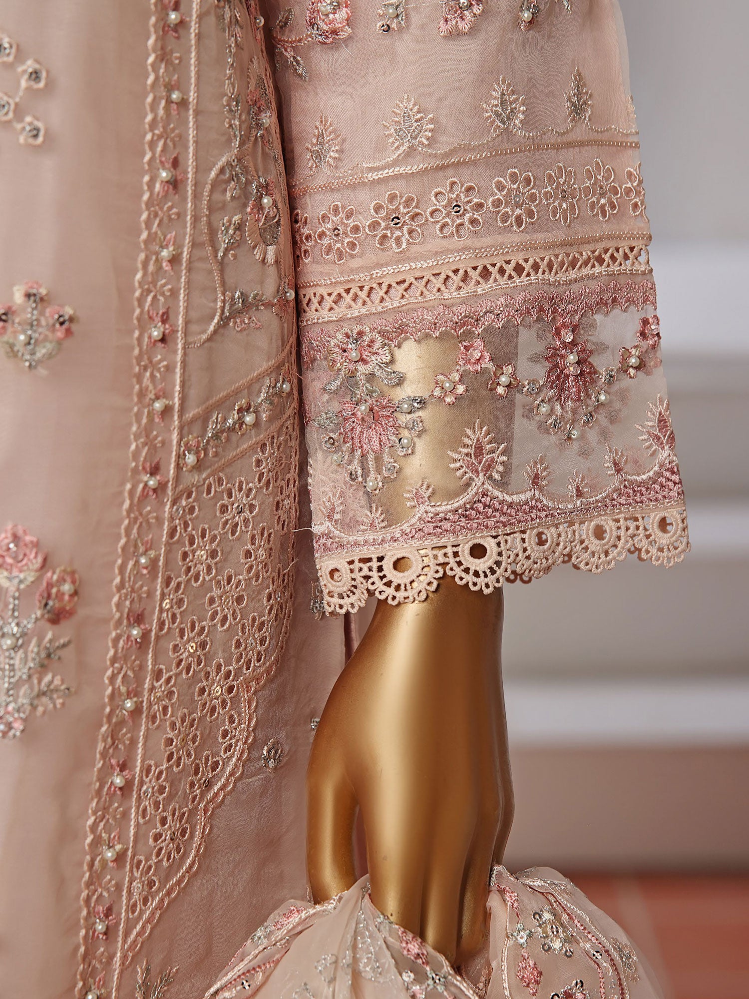 Sadabahar "Mahpara" Organza Embroidered Suit - Peach