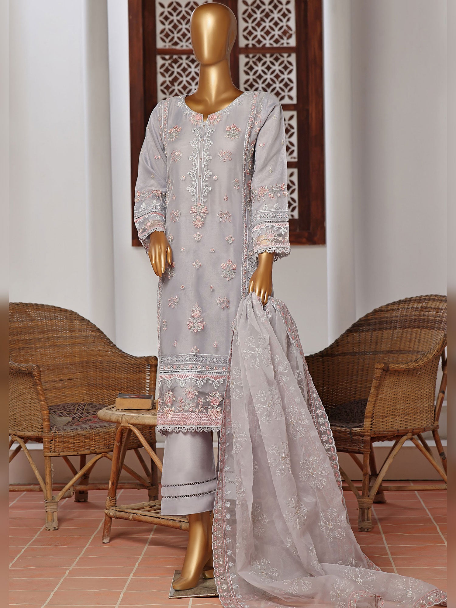 Sadabahar "Mahpara" Organza Embroidered Suit - Grey