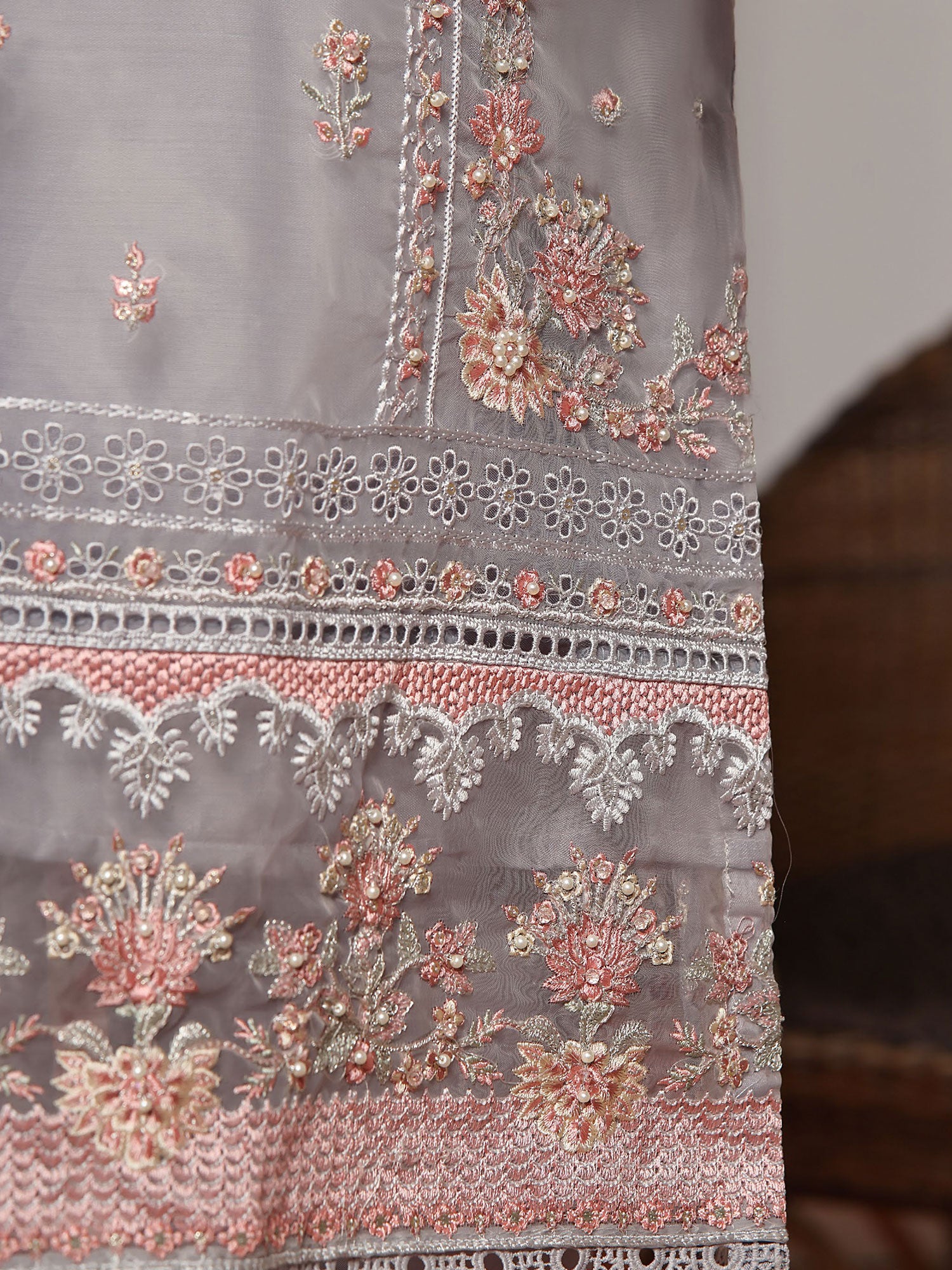 Sadabahar "Mahpara" Organza Embroidered Suit - Grey