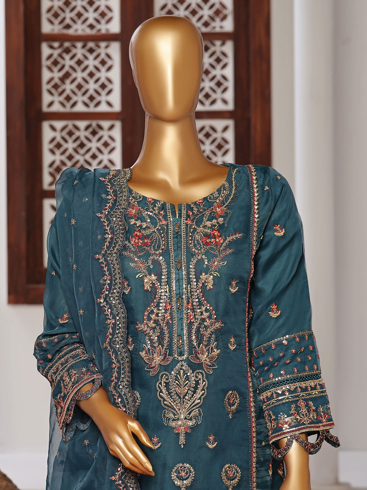 Sadabahar "Mahpara" Organza Embroidered Suit - Teal