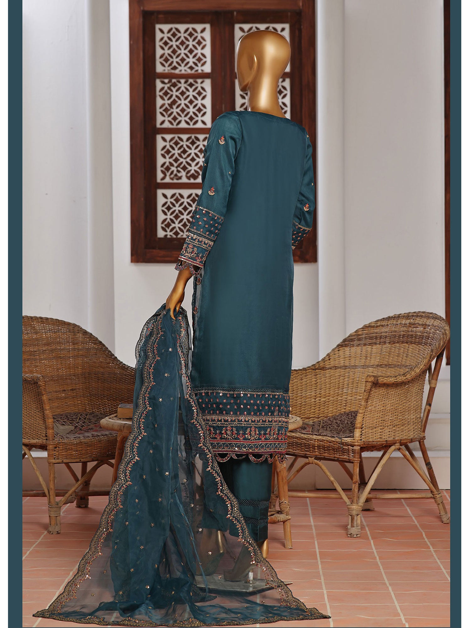 Sadabahar "Mahpara" Organza Embroidered Suit - Teal