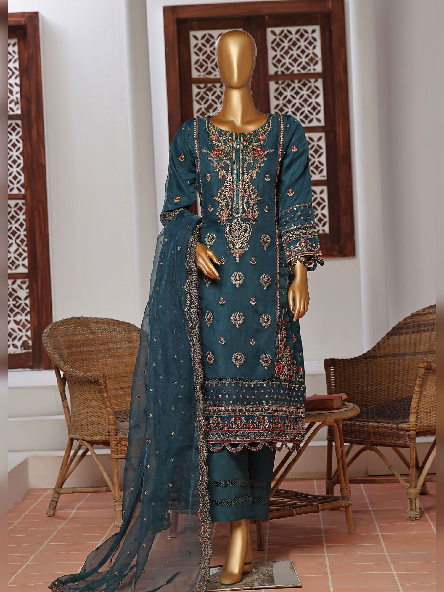 Sadabahar "Mahpara" Organza Embroidered Suit - Teal