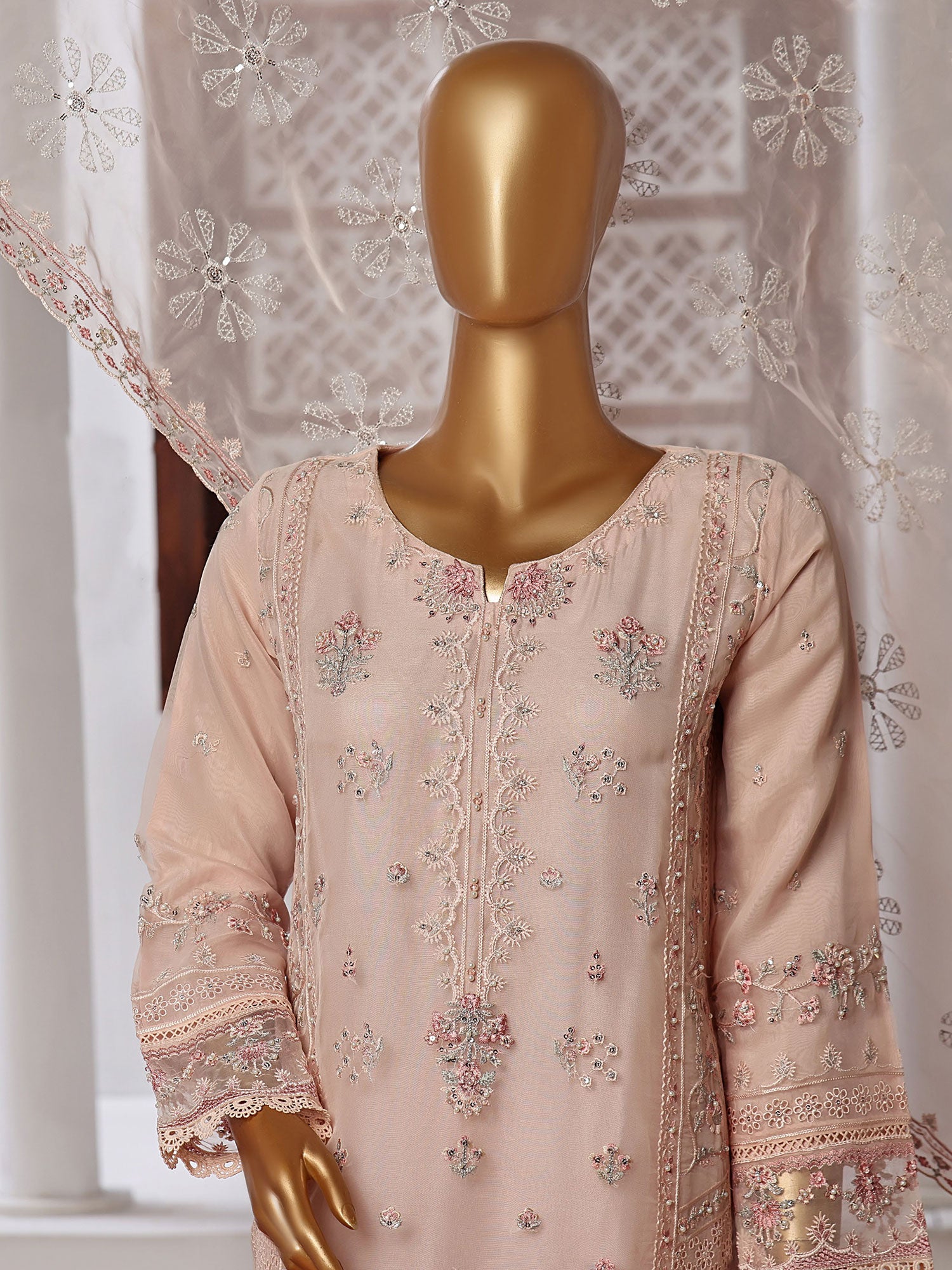 Sadabahar "Mahpara" Organza Embroidered Suit - Peach