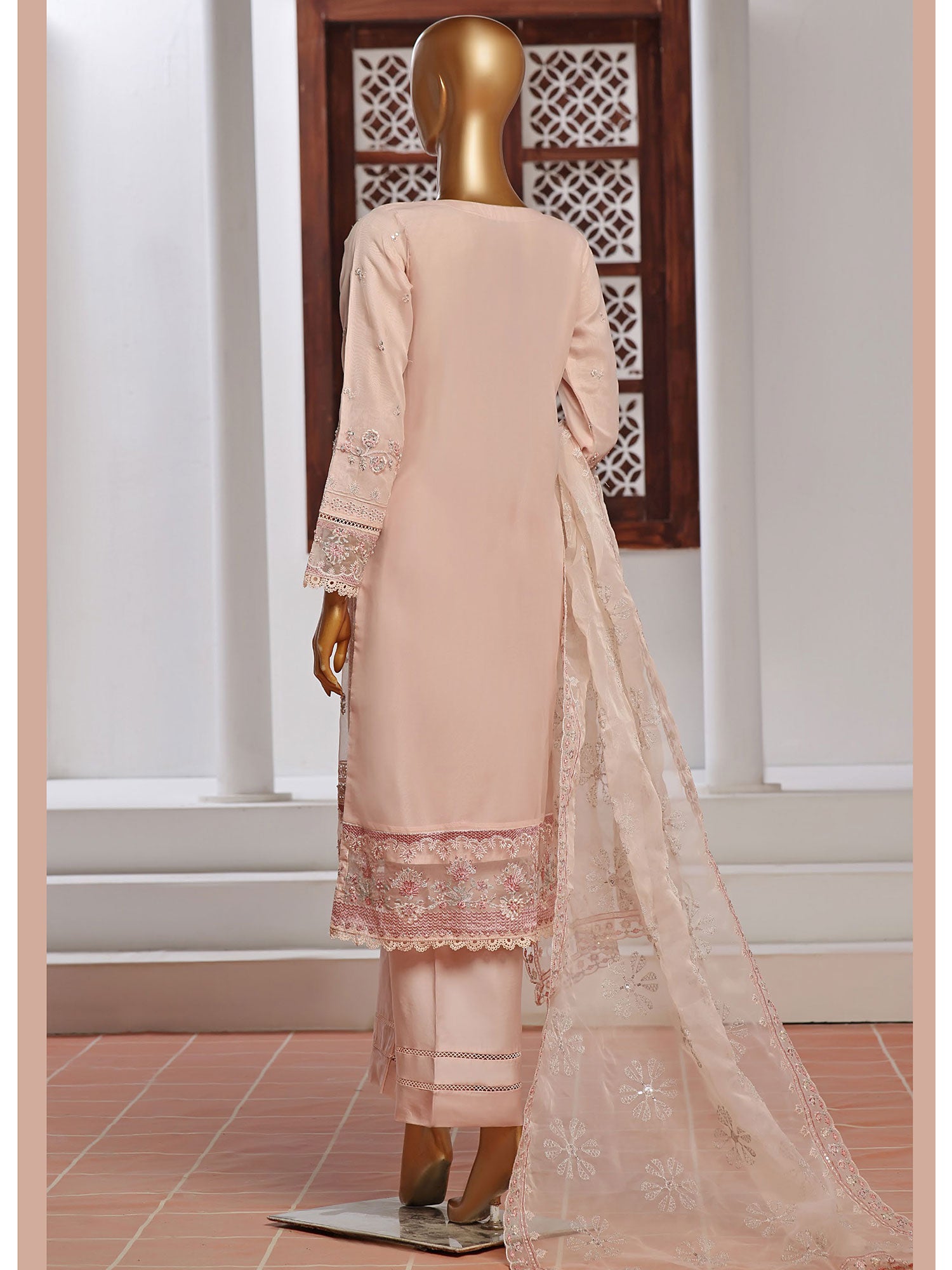 Sadabahar "Mahpara" Organza Embroidered Suit - Peach