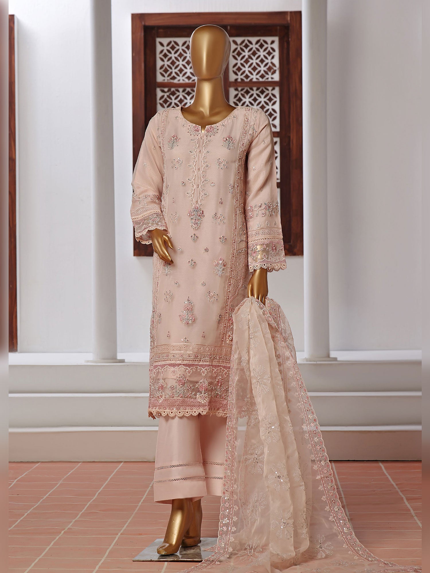 Sadabahar "Mahpara" Organza Embroidered Suit - Peach