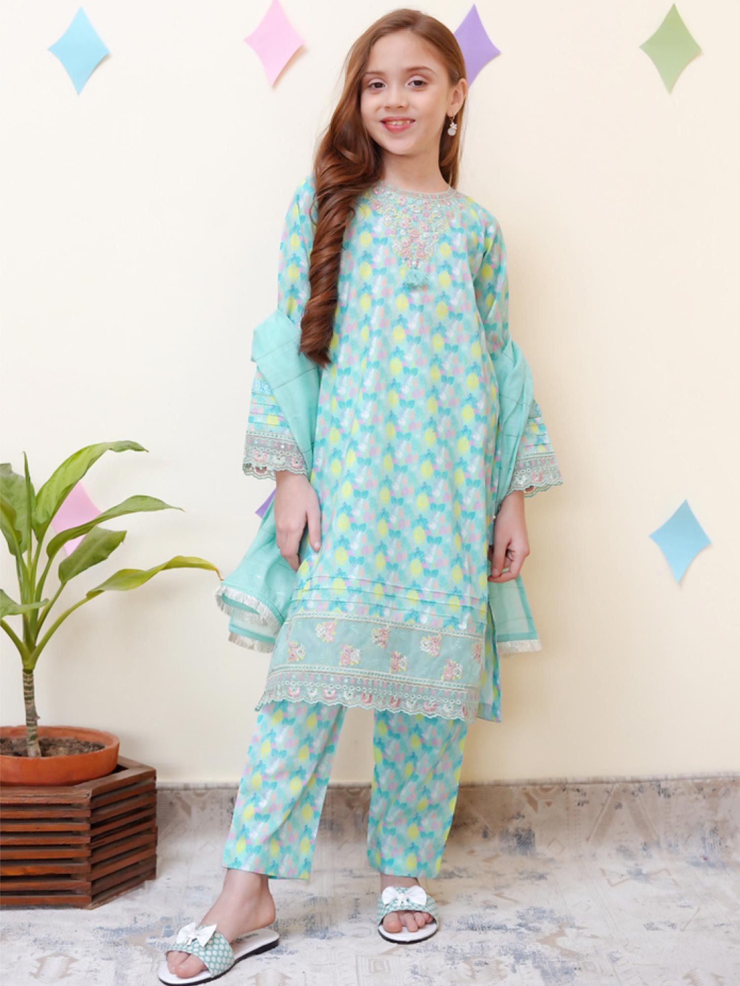 Kids Embroidered Cotton 3-Piece Co-Ords Suit - Aqua Blue