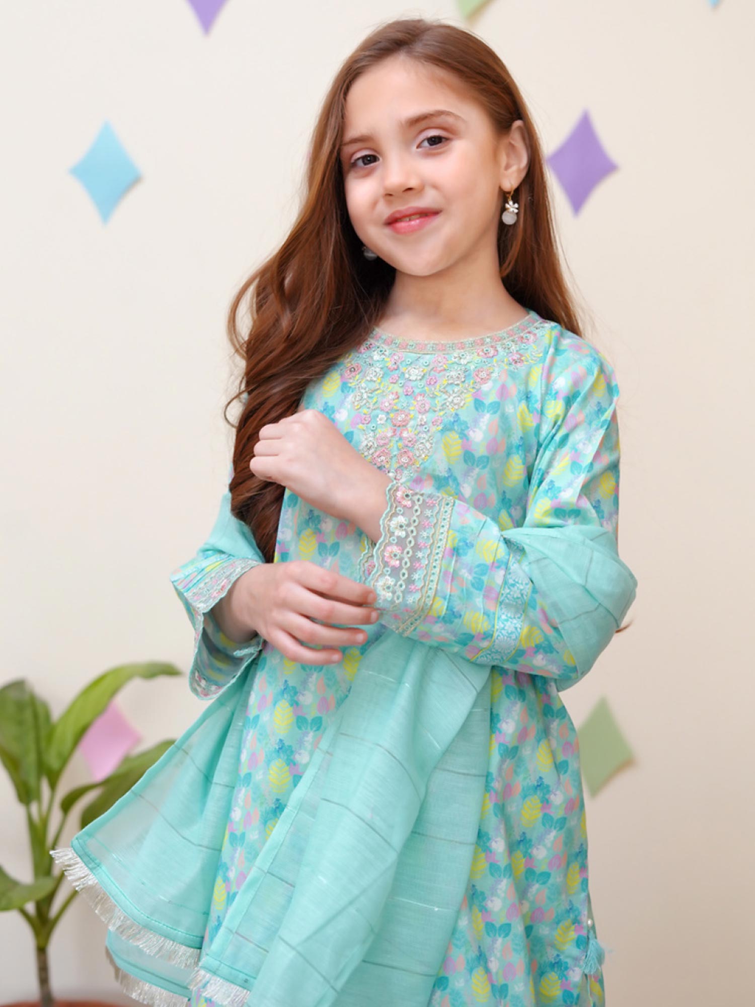 Kids Embroidered Cotton 3-Piece Co-Ords Suit - Aqua Blue