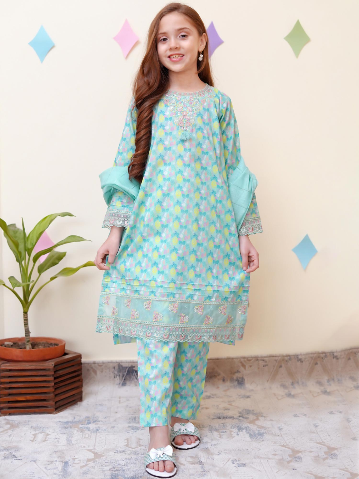 Kids Embroidered Cotton 3-Piece Co-Ords Suit - Aqua Blue