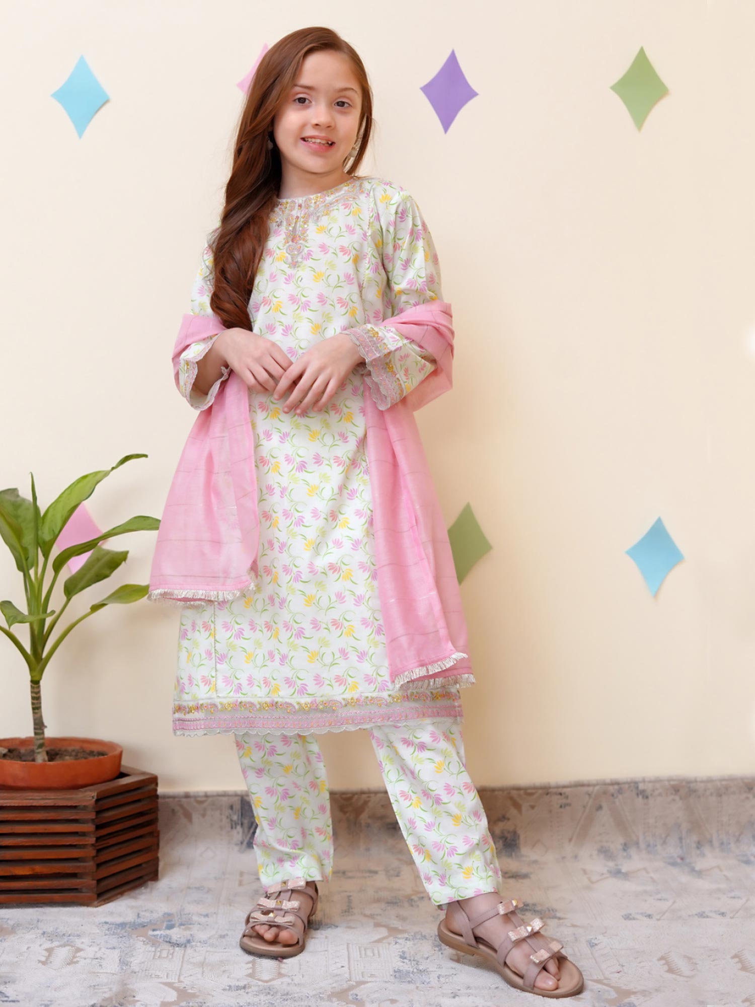 Kids Embroidered Cotton 3-Piece Co-Ords Suit - Light Green