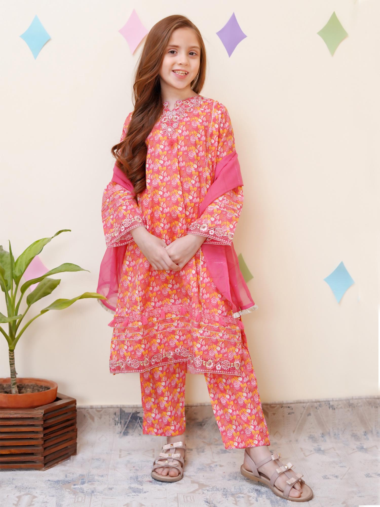 Kids Embroidered Cotton 3-Piece Co-Ords Suit - Coral Pink