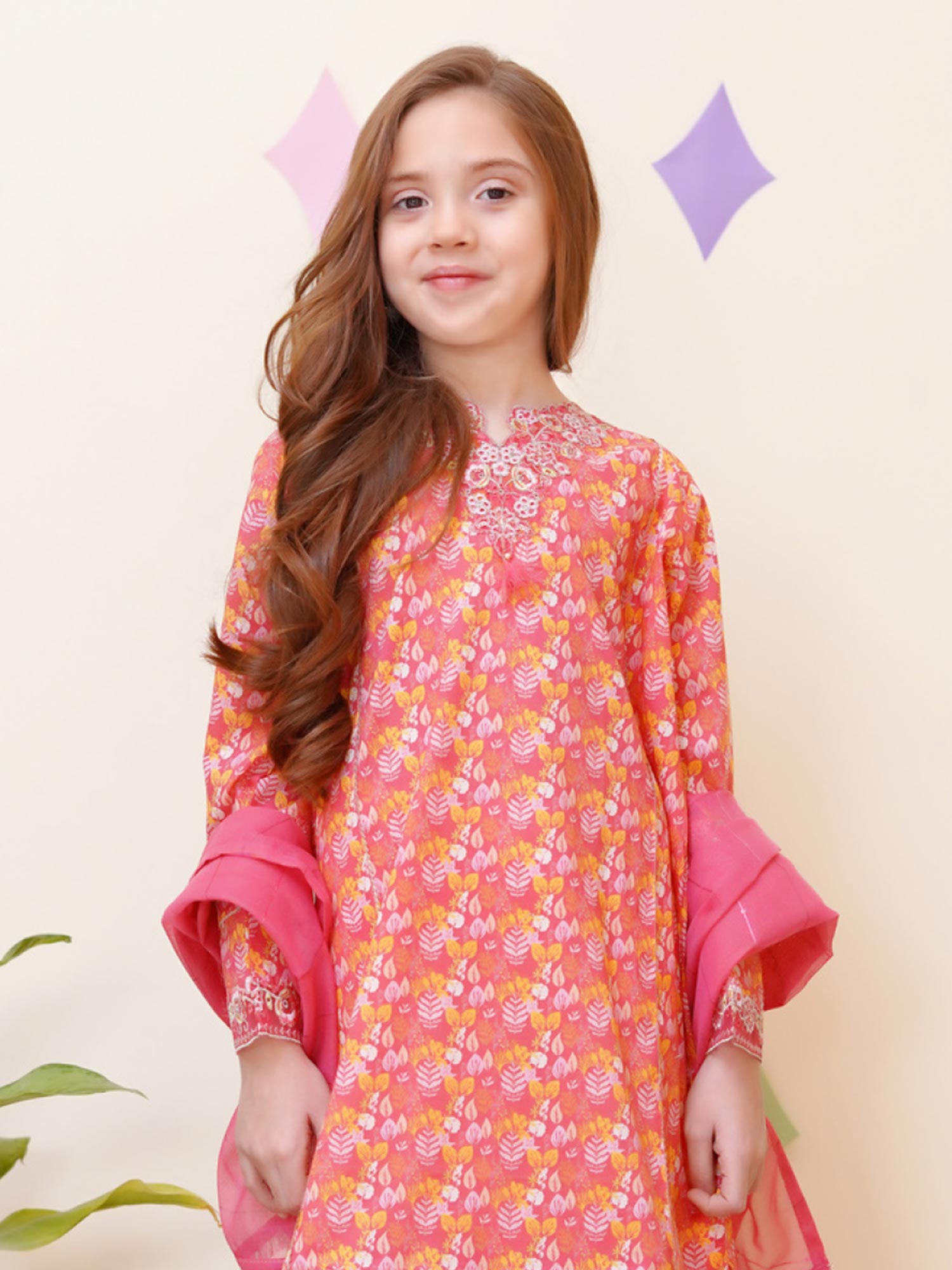 Kids Embroidered Cotton 3-Piece Co-Ords Suit - Coral Pink