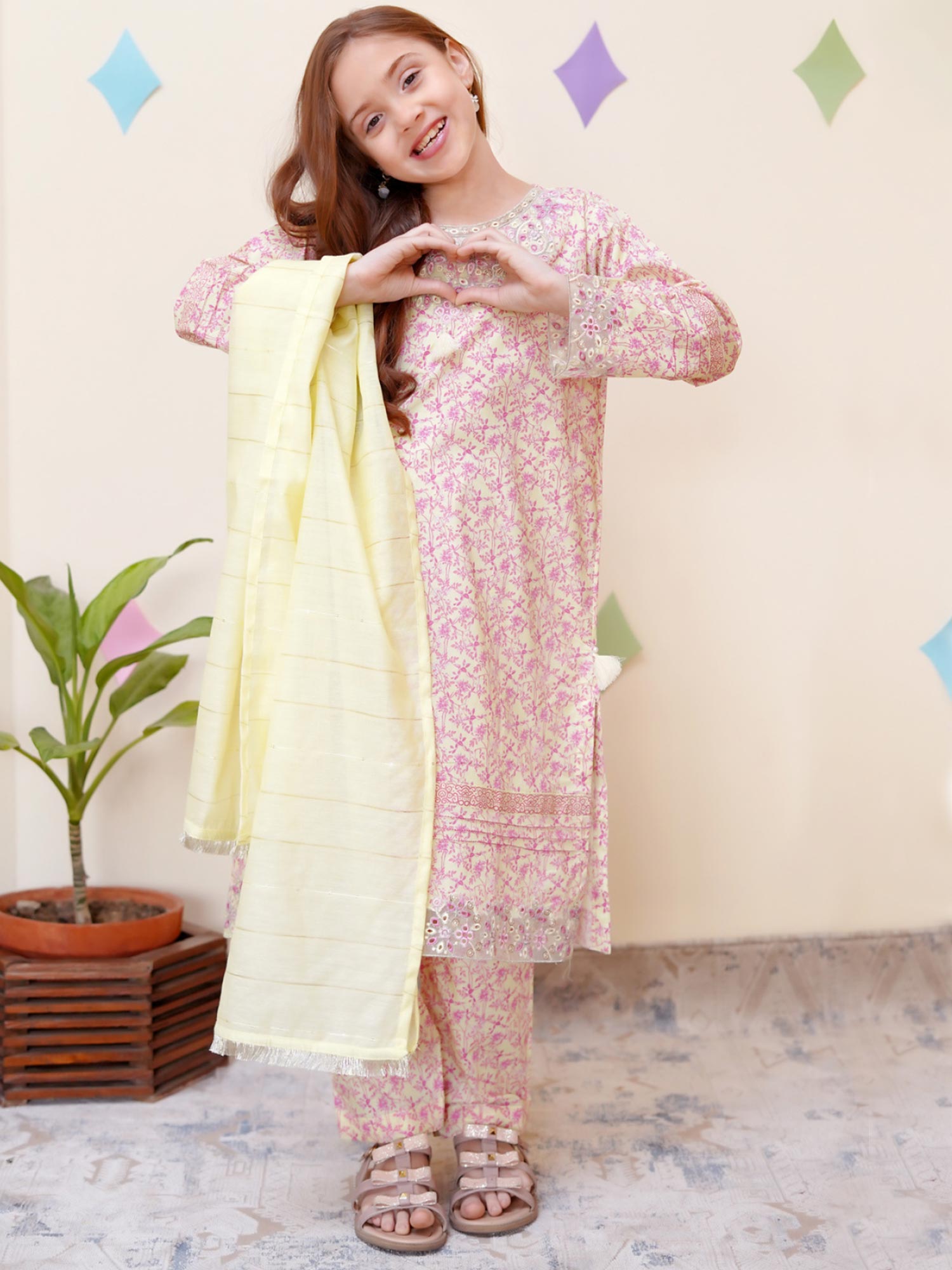 Kids Embroidered Cotton 3-Piece Co-Ords Suit - Lemon