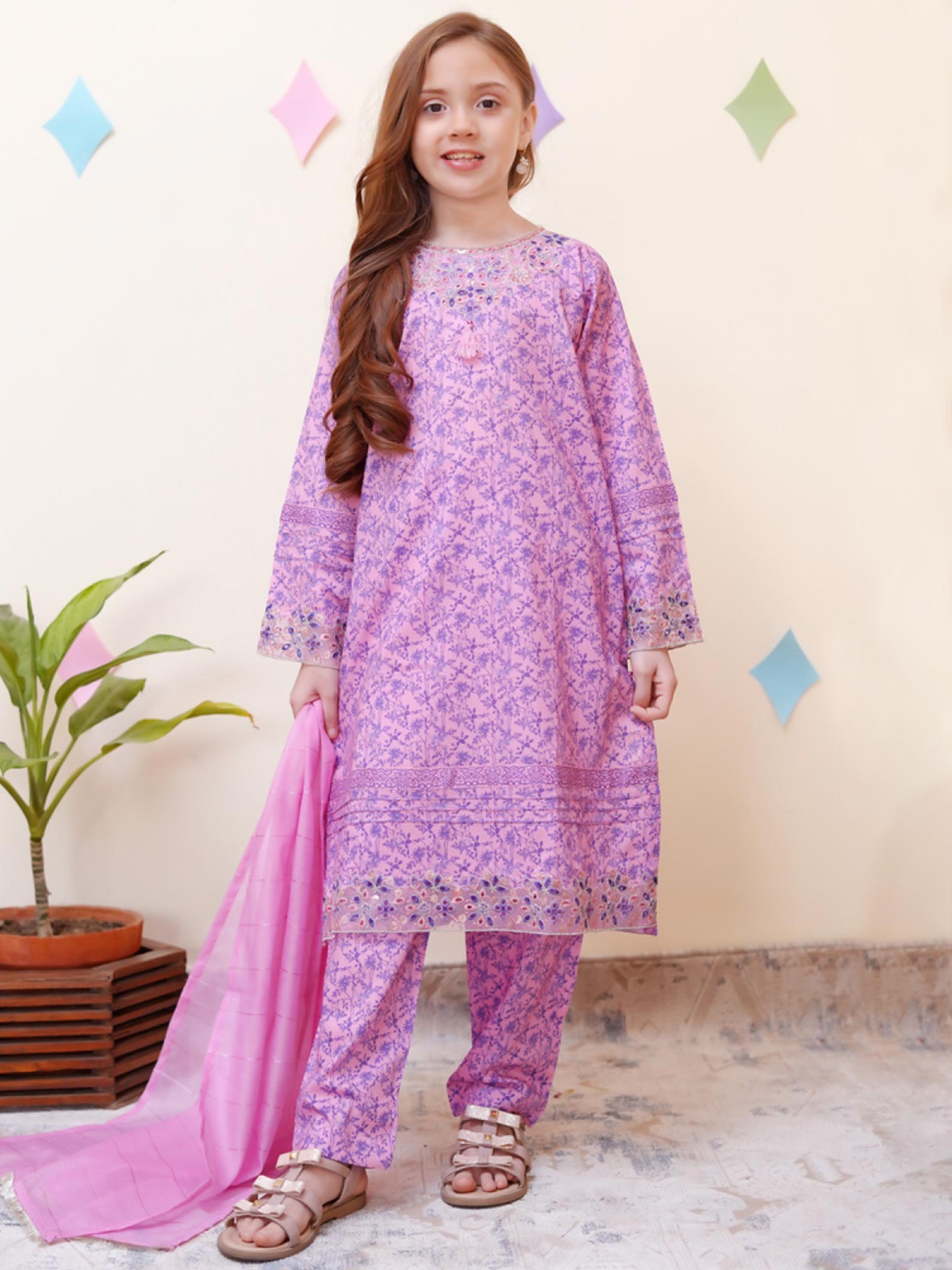 Kids Embroidered Cotton 3-Piece Co-Ords Suit - Light Purple