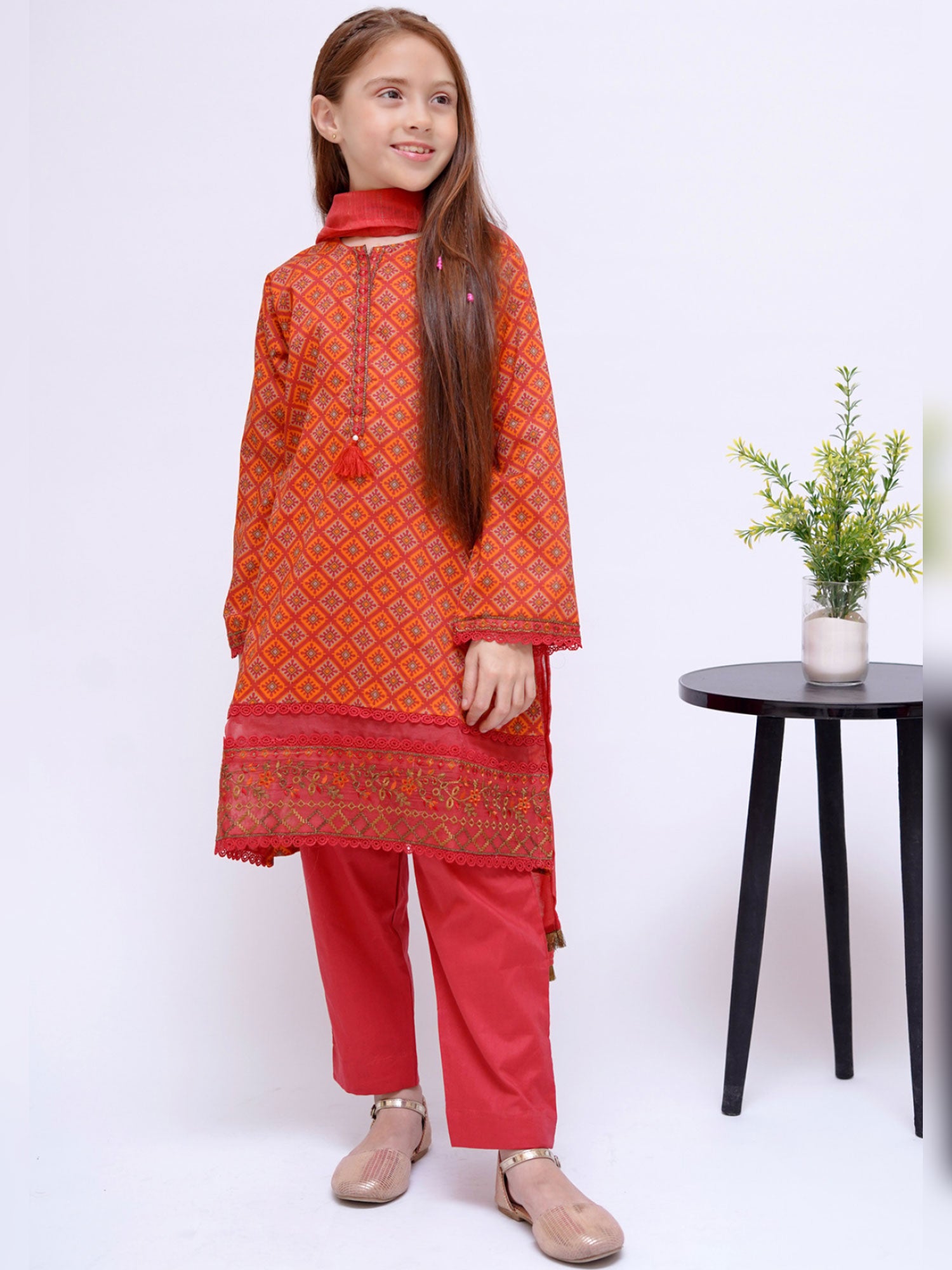 Kids Orange Embroidered Cotton 3-Piece Suit