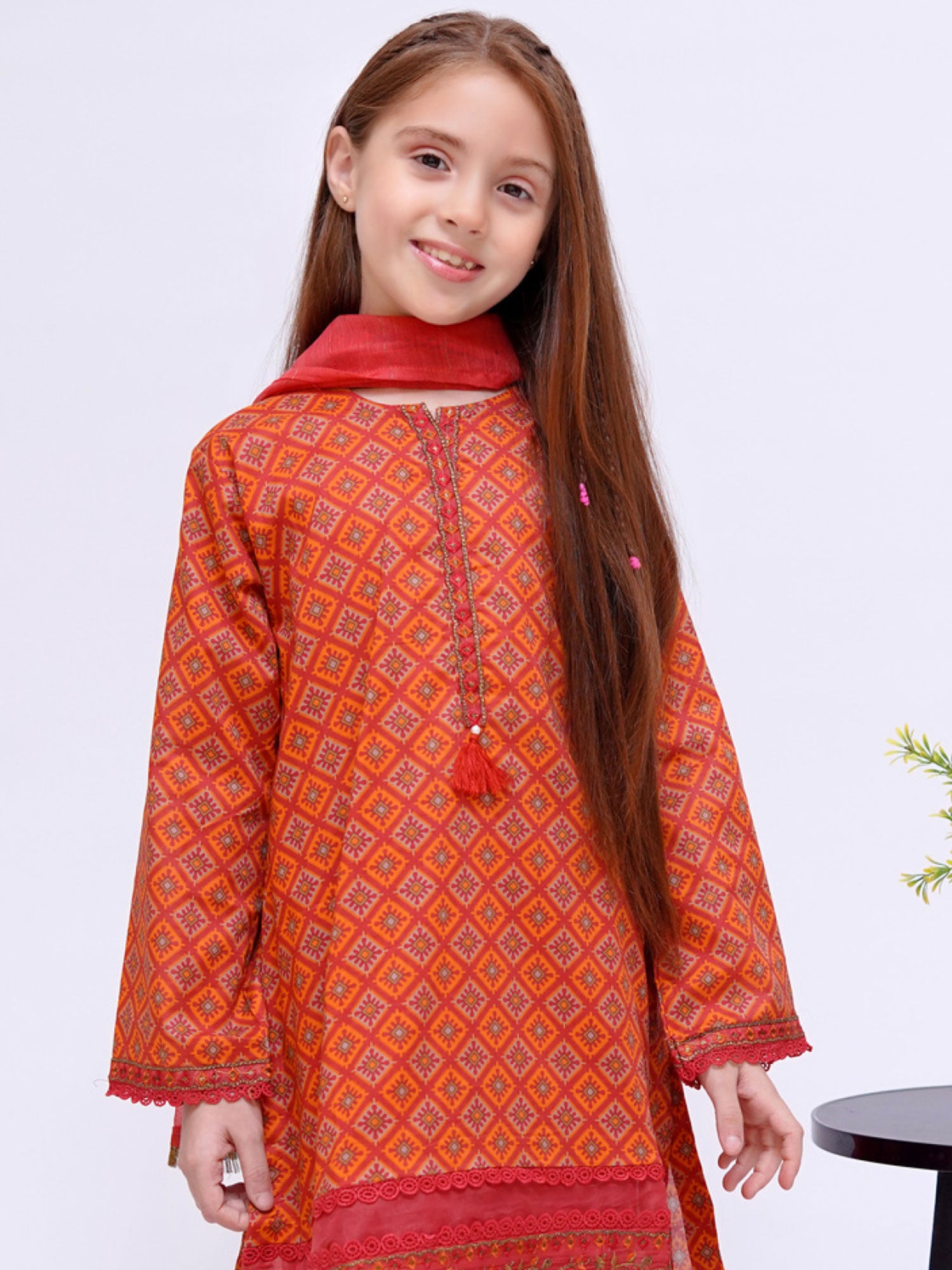 Kids Orange Embroidered Cotton 3-Piece Suit