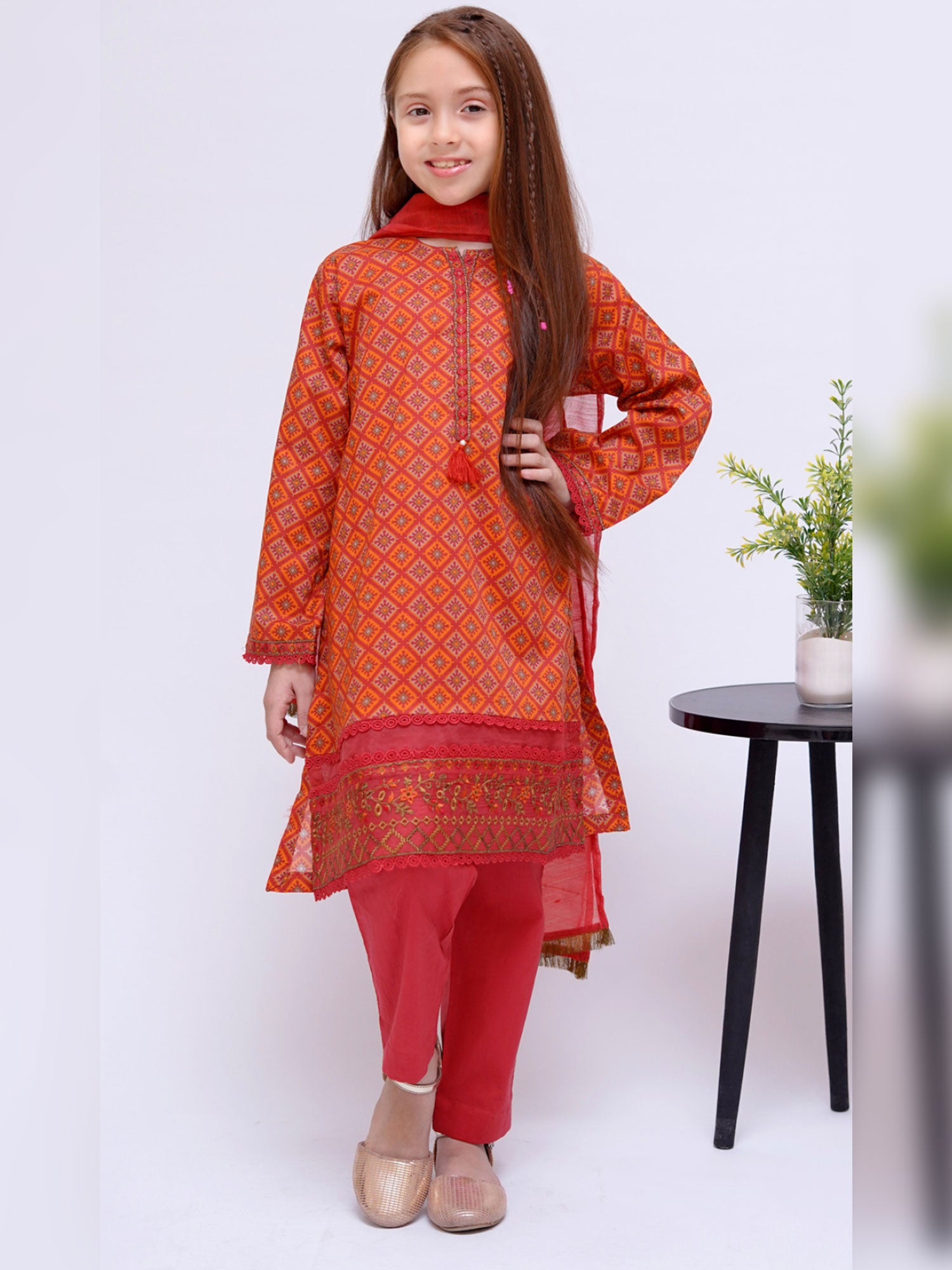 Kids Orange Embroidered Cotton 3-Piece Suit