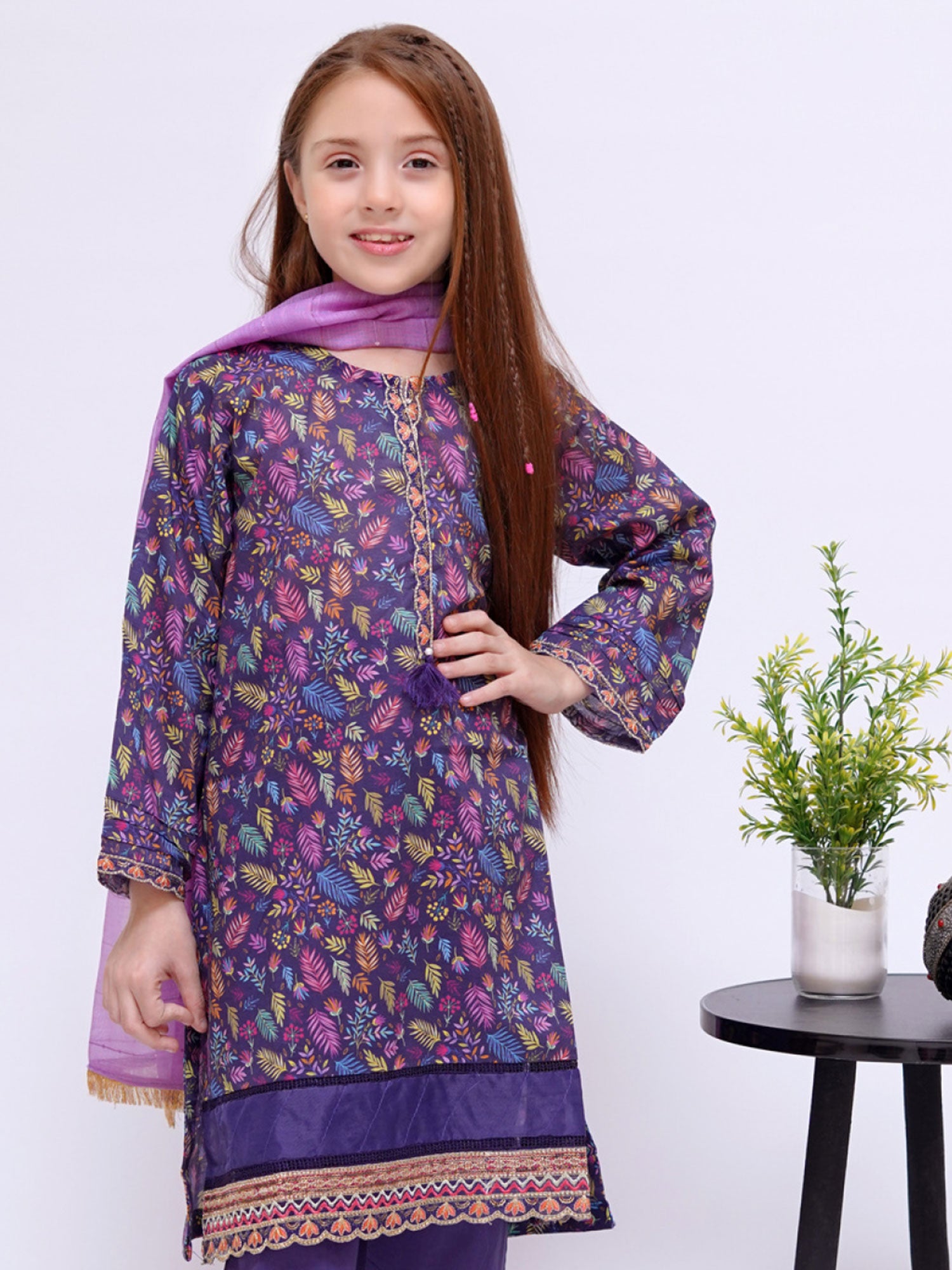 Kids Purple Embroidered Cotton 3-Piece Suit