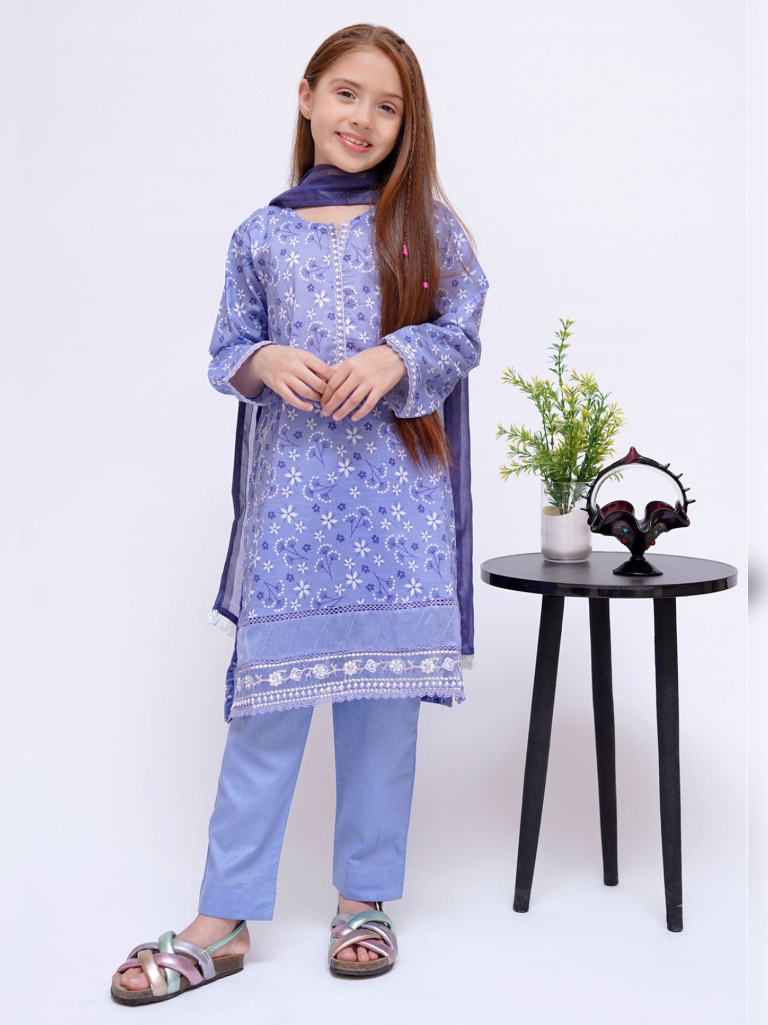 Kids Periwinkle Blue Embroidered Cotton 3-Piece Suit