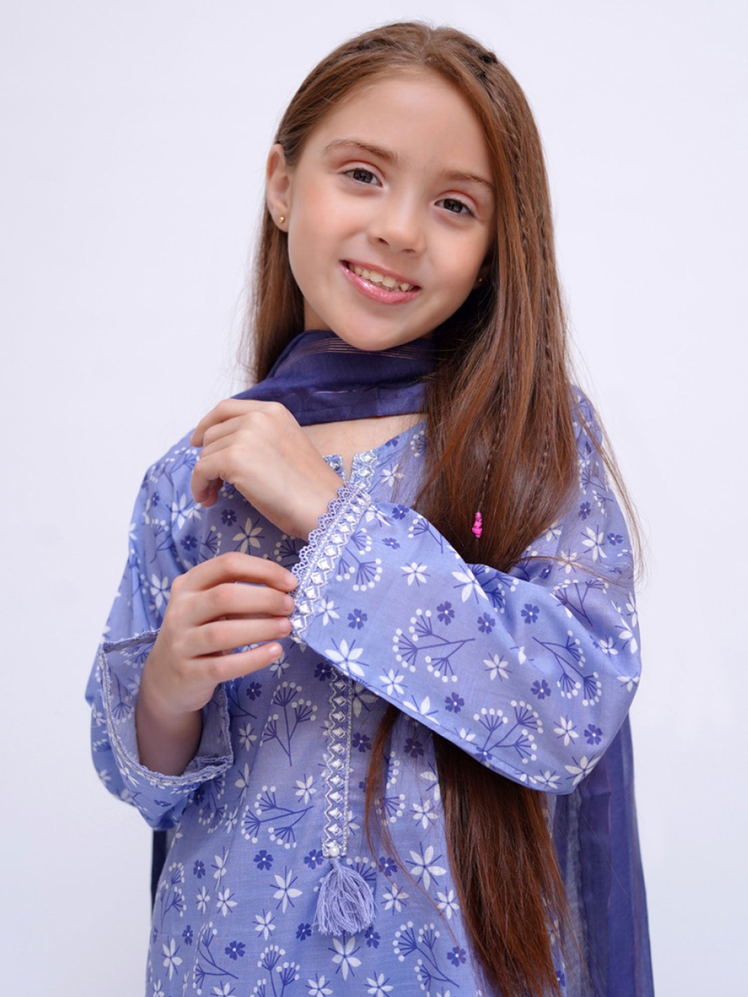 Kids Periwinkle Blue Embroidered Cotton 3-Piece Suit