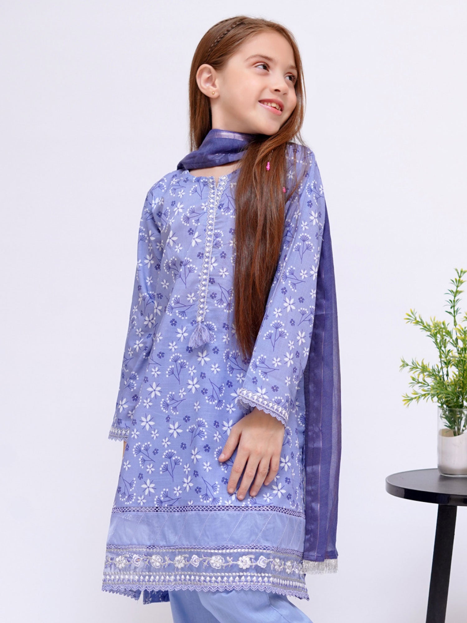 Kids Periwinkle Blue Embroidered Cotton 3-Piece Suit