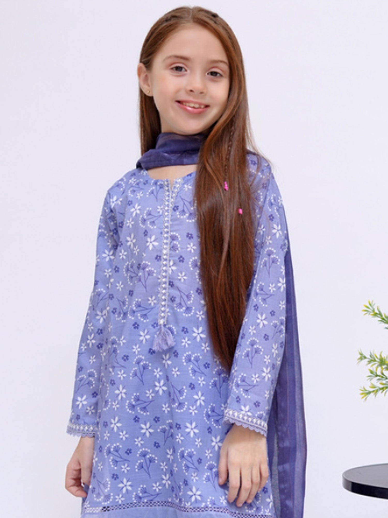 Kids Periwinkle Blue Embroidered Cotton 3-Piece Suit