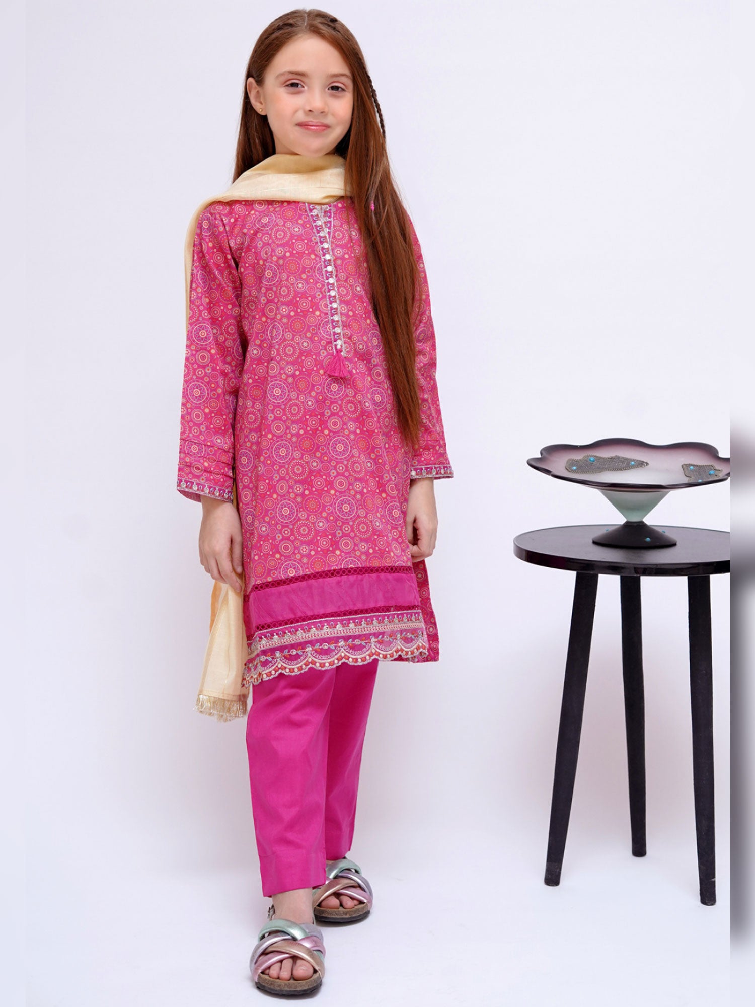 Kids Pink Embroidered Cotton 3-Piece Suit