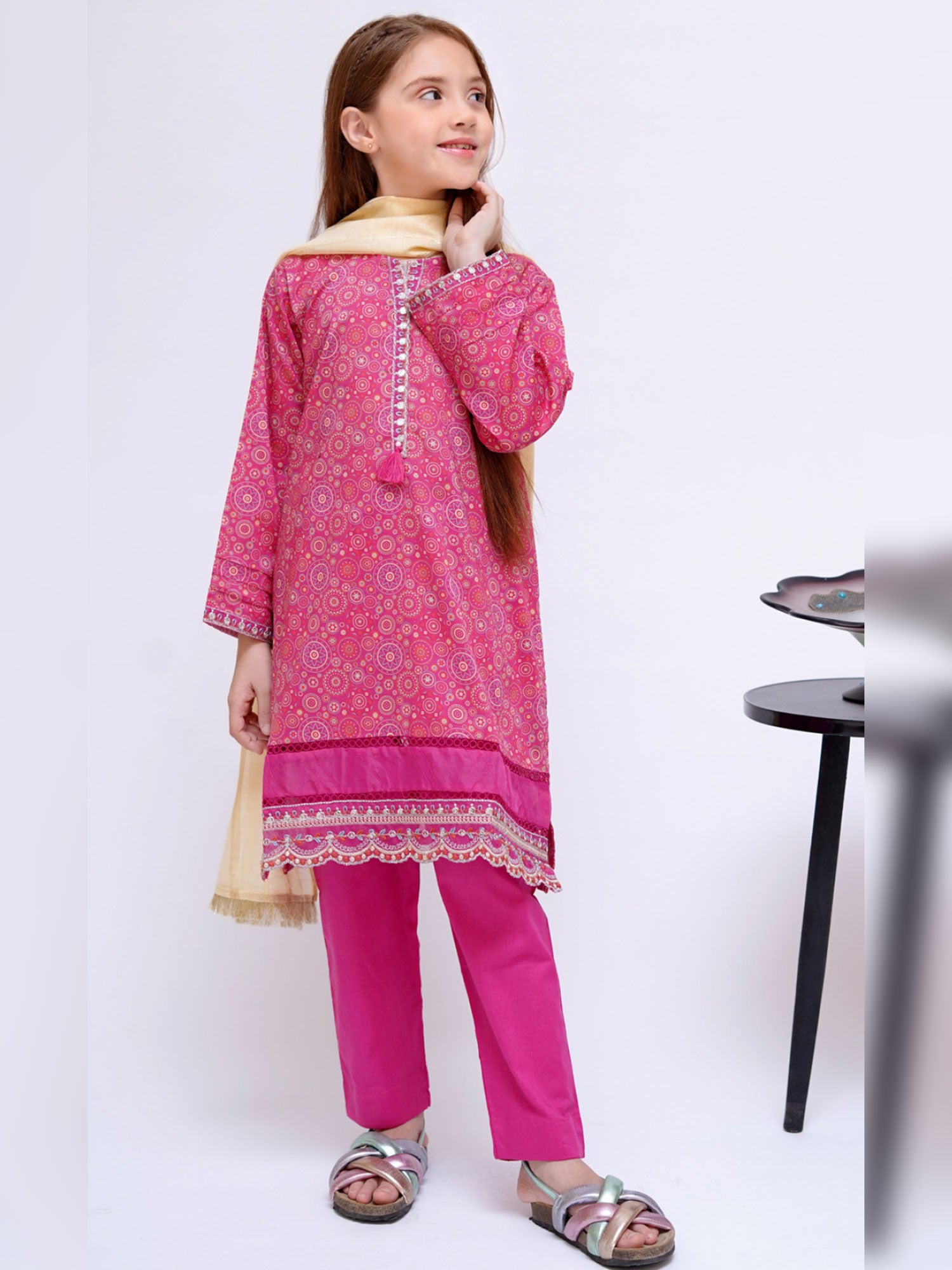 Kids Pink Embroidered Cotton 3-Piece Suit