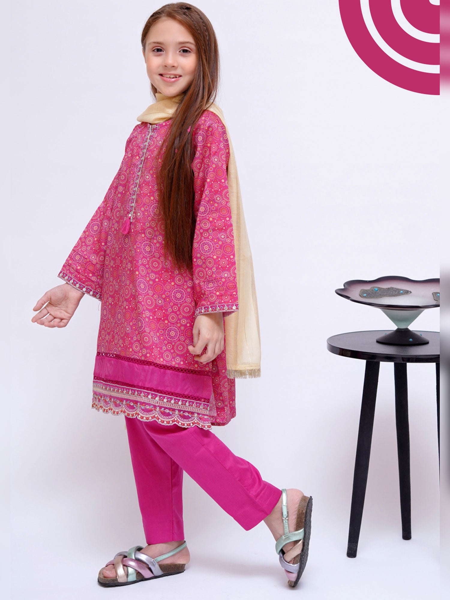 Kids Pink Embroidered Cotton 3-Piece Suit