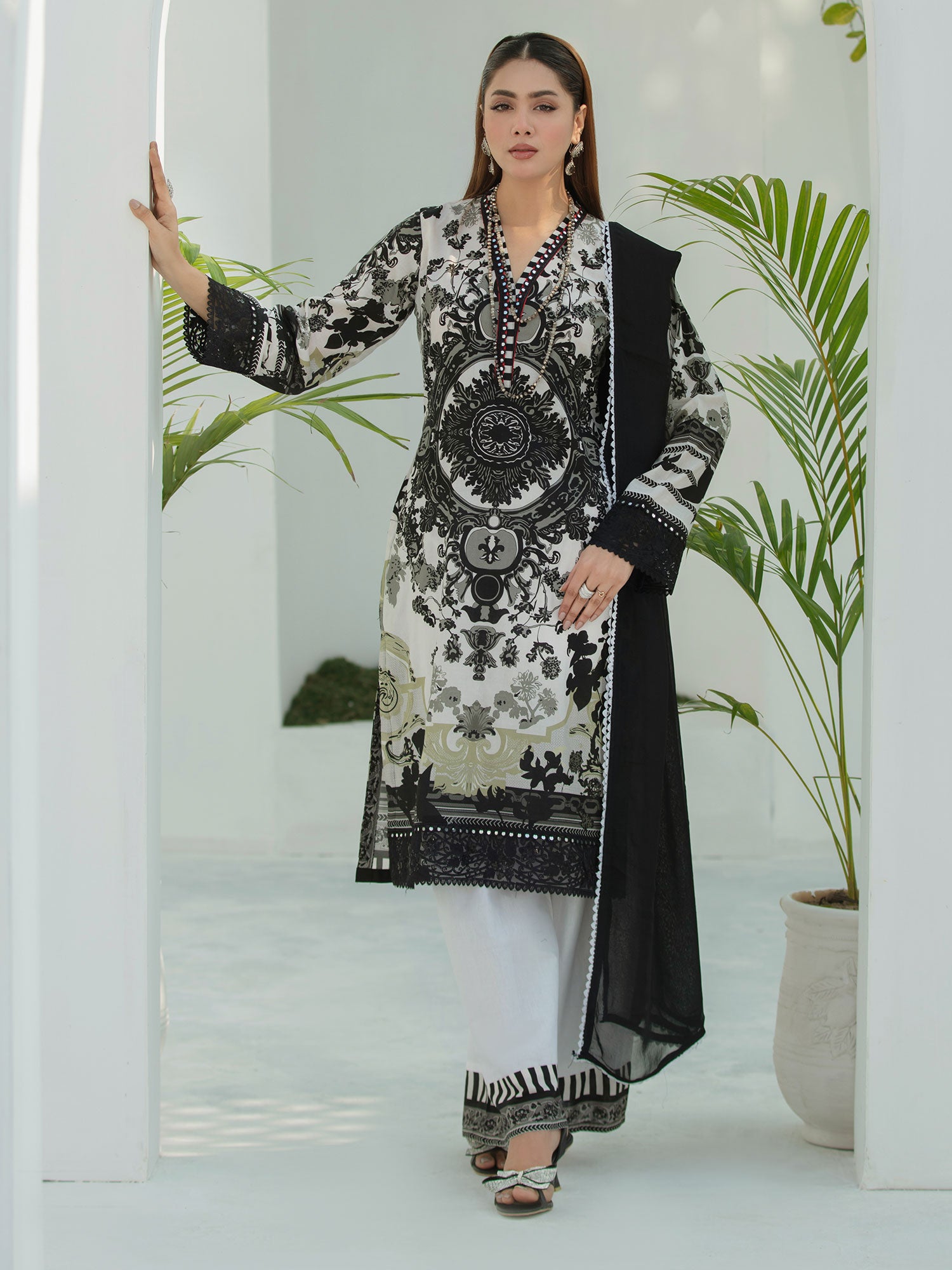 Heera's Black & White Embroidered Cambric Cotton Suit