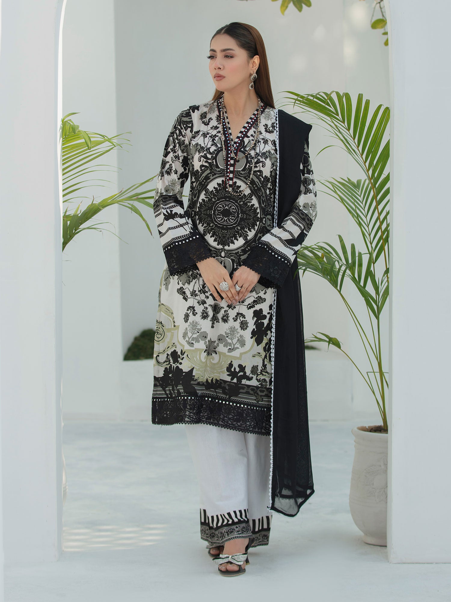 Heera's Black & White Embroidered Cambric Cotton Suit