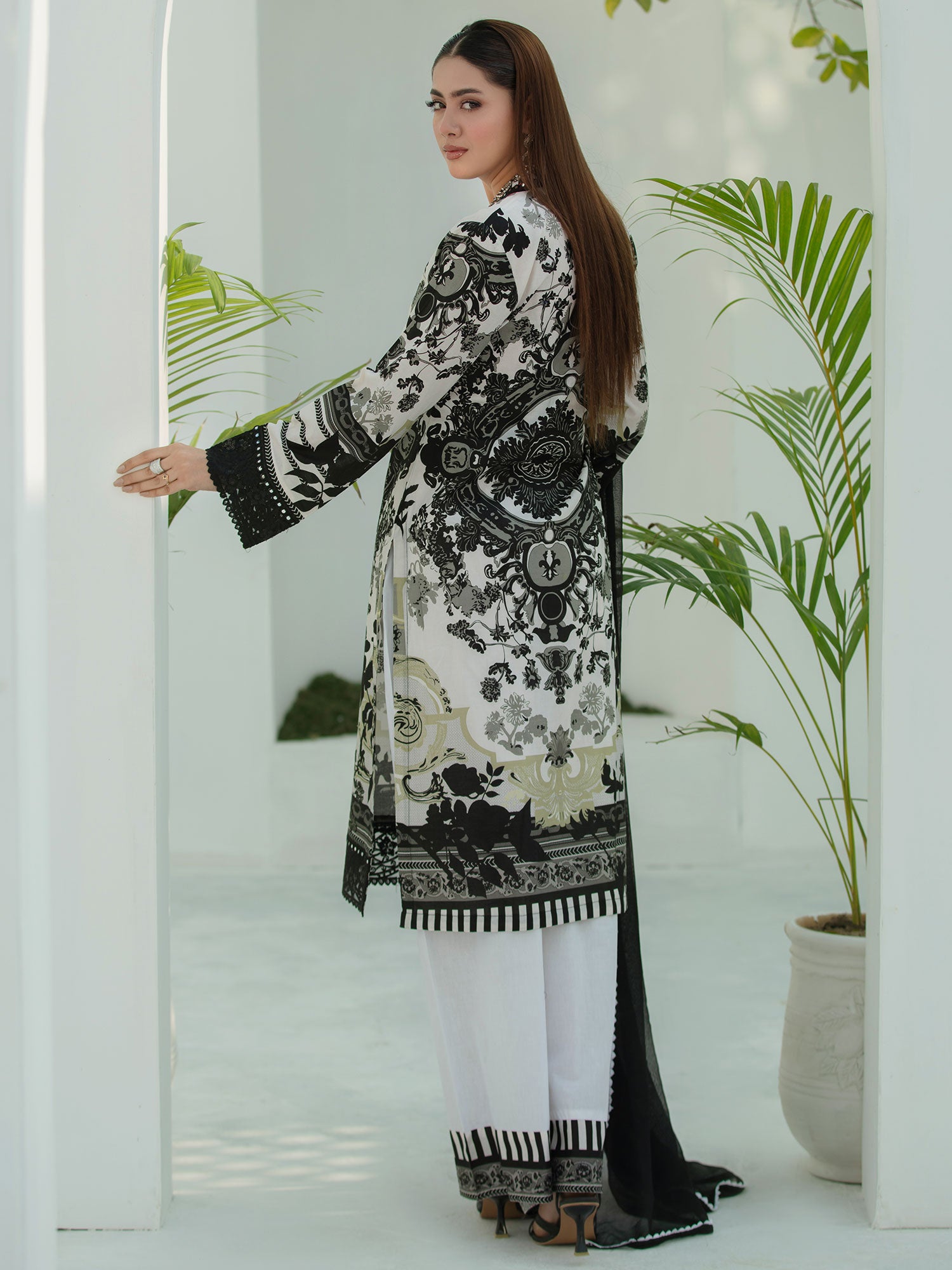 Heera's Black & White Embroidered Cambric Cotton Suit