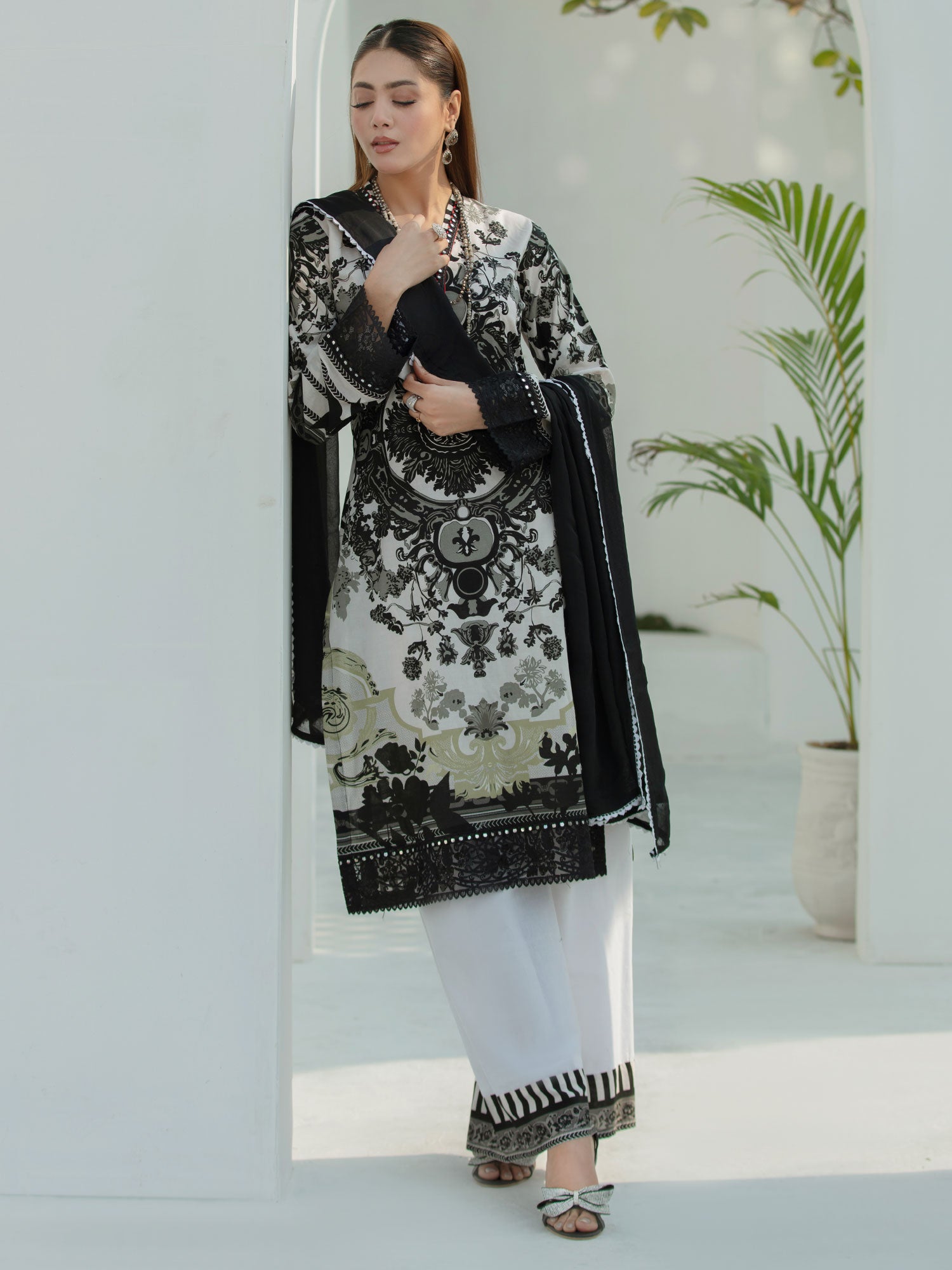 Heera's Black & White Embroidered Cambric Cotton Suit