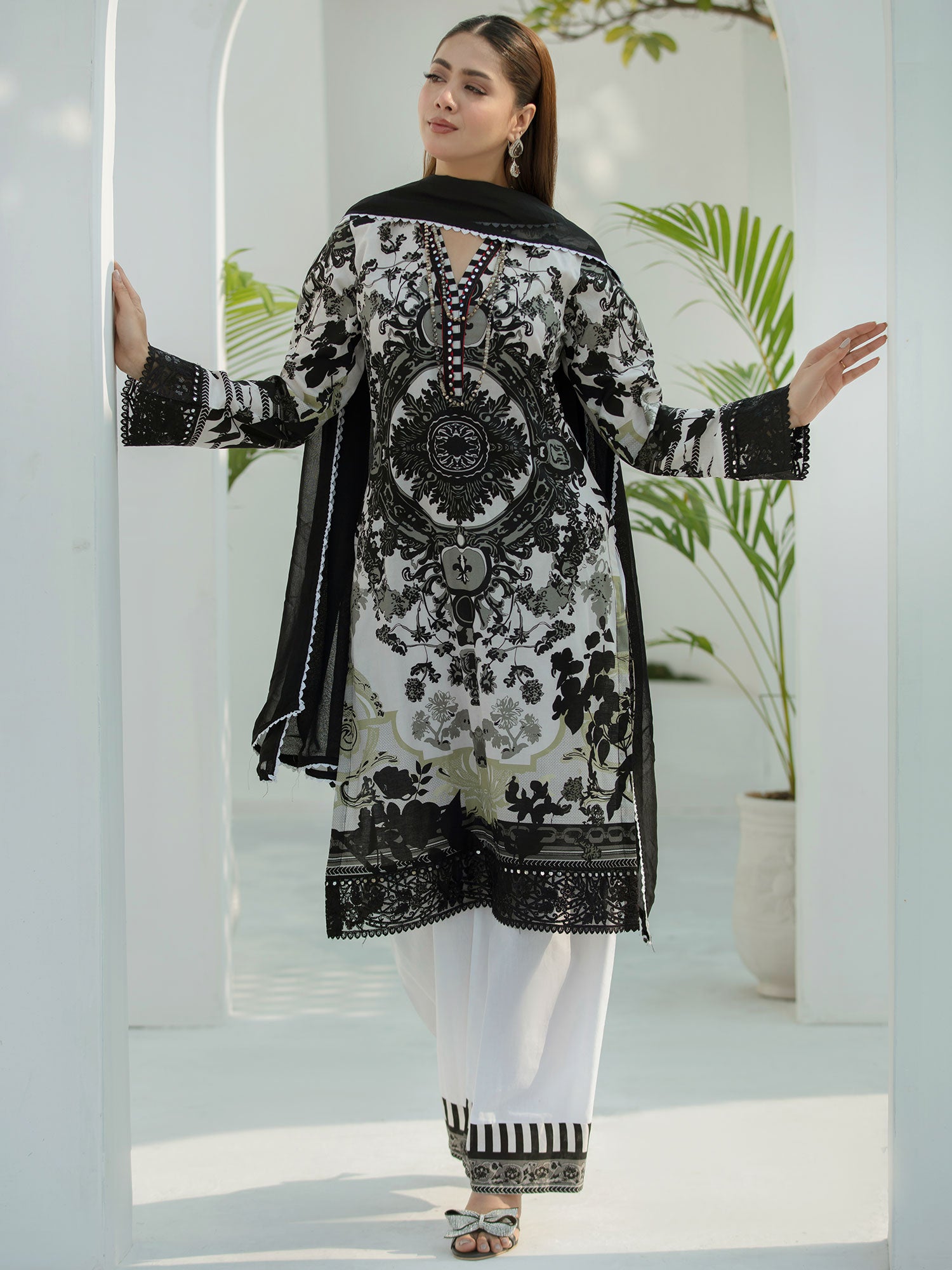 Heera's Black & White Embroidered Cambric Cotton Suit