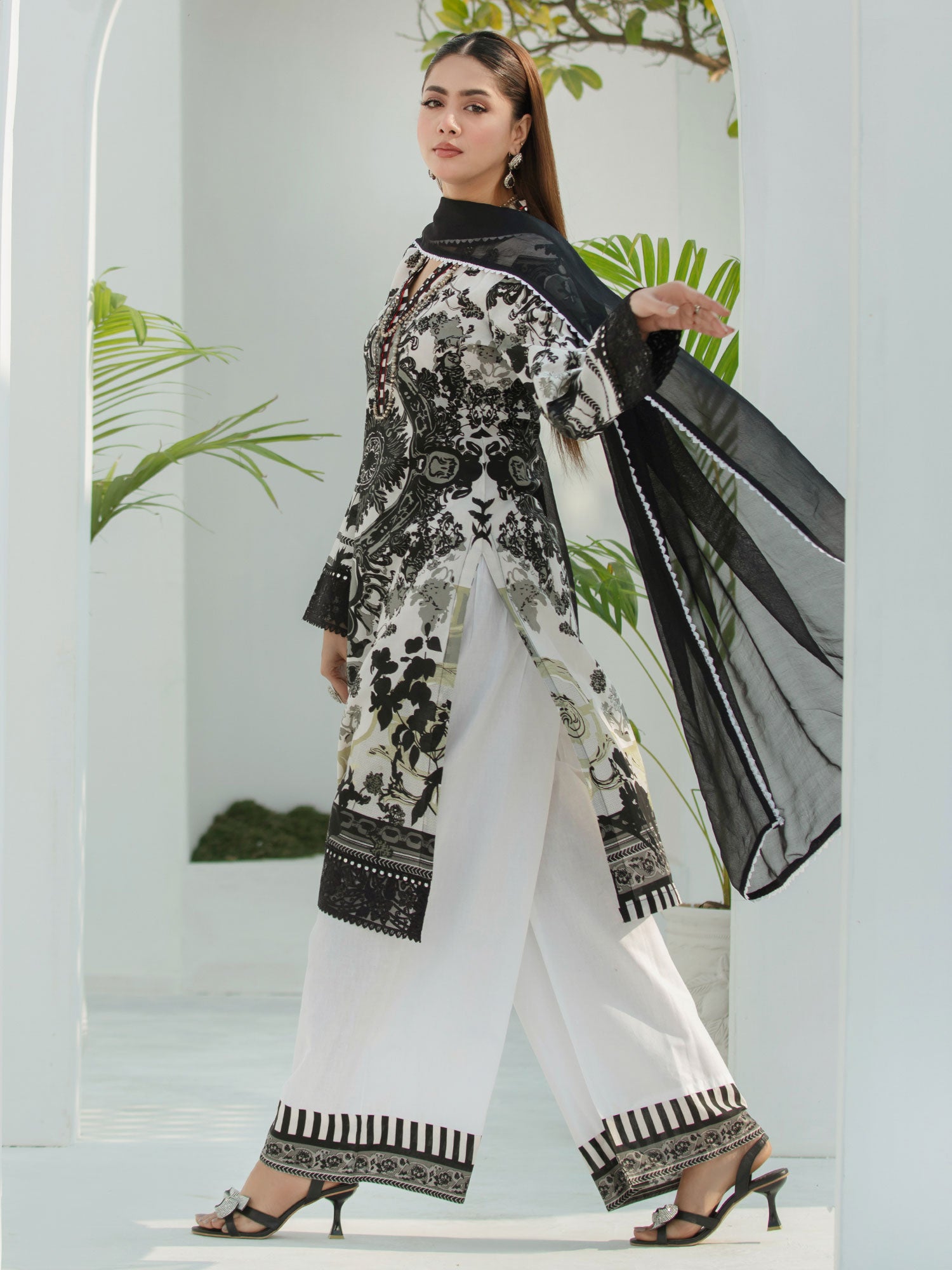 Heera's Black & White Embroidered Cambric Cotton Suit